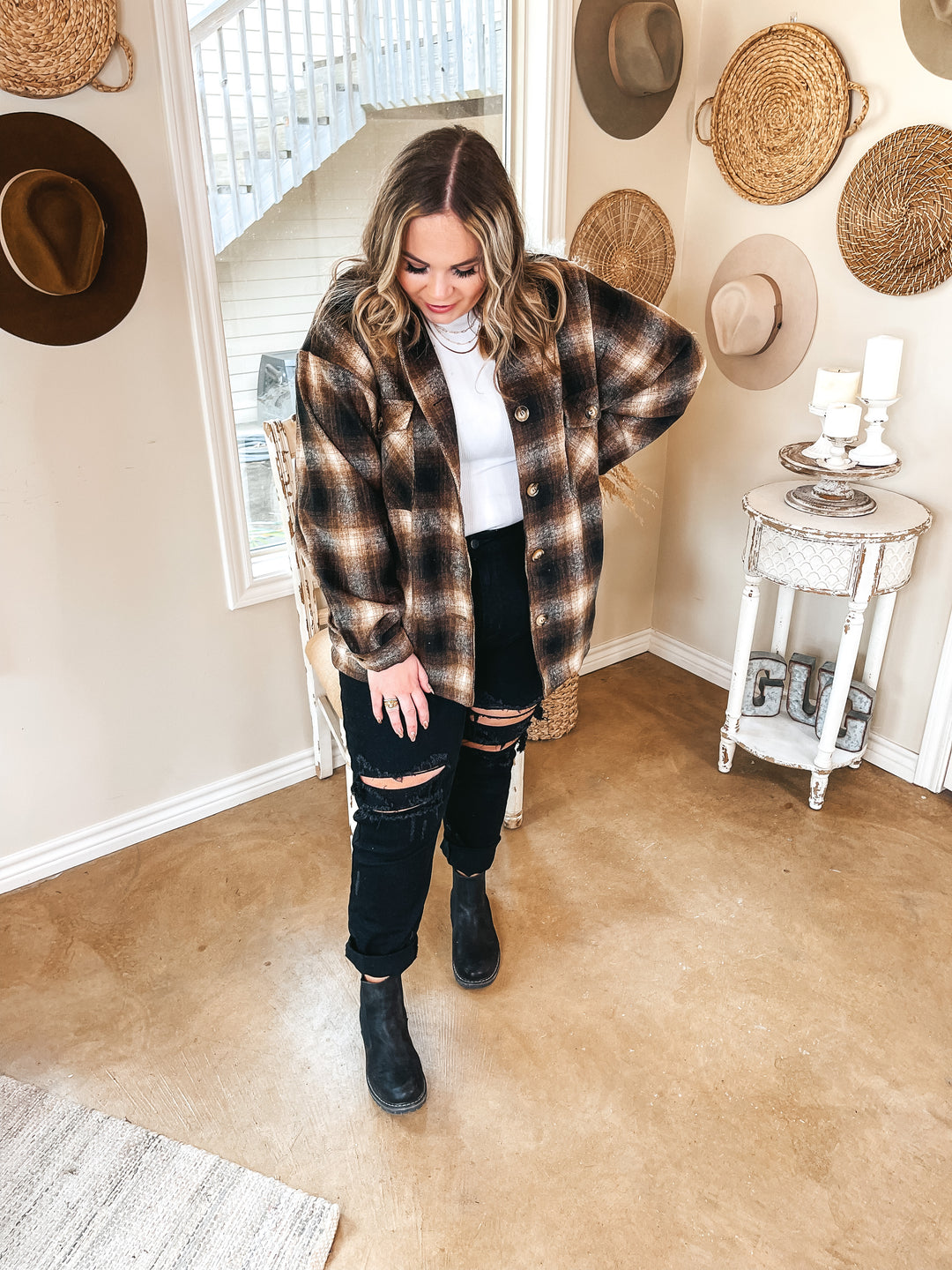 Original Idea Plaid Button Up Shacket in Brown - Giddy Up Glamour Boutique