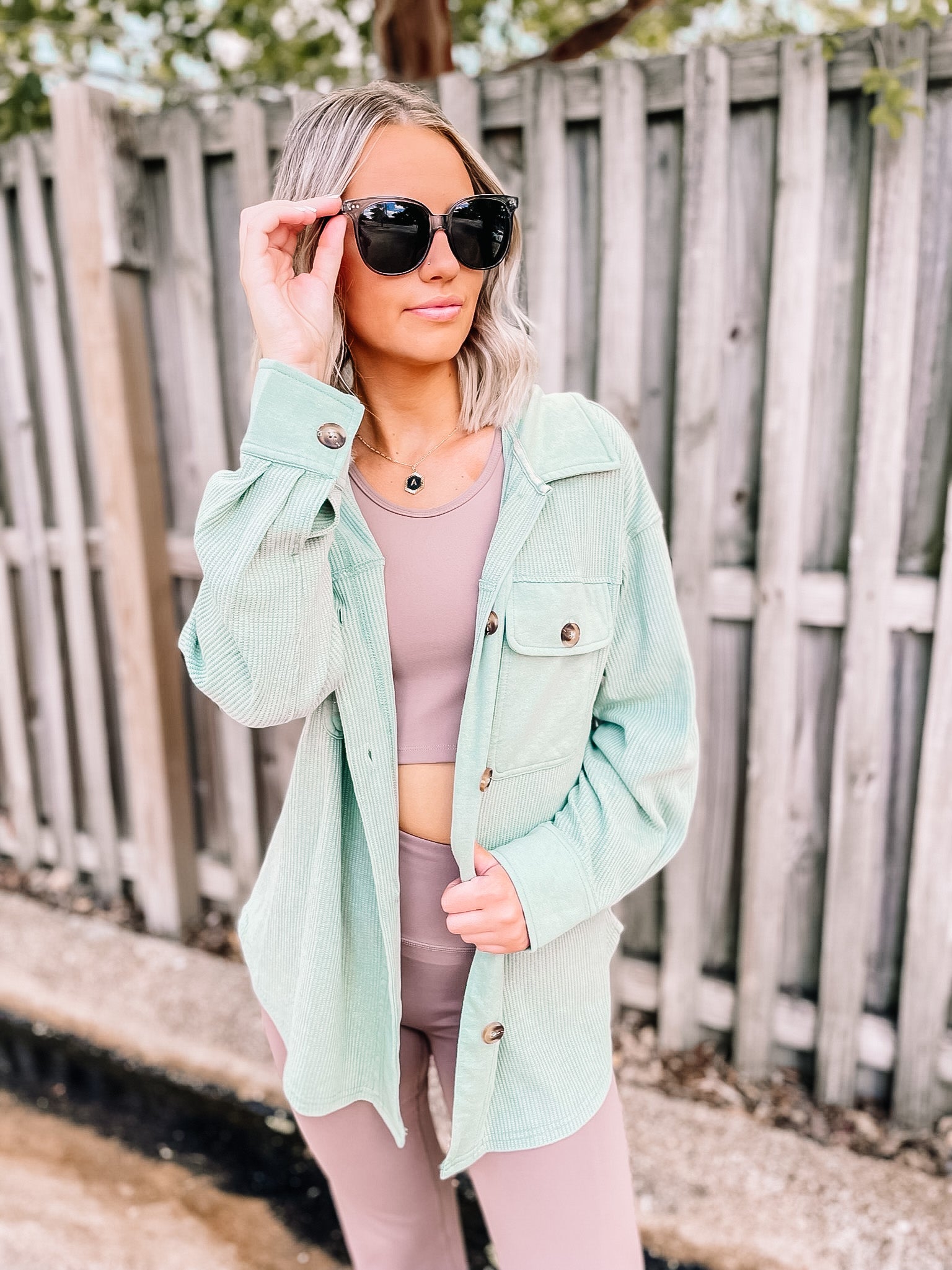 A Place To Unwind Button Up Waffle Knit Shacket in Sage Green - Giddy Up Glamour Boutique