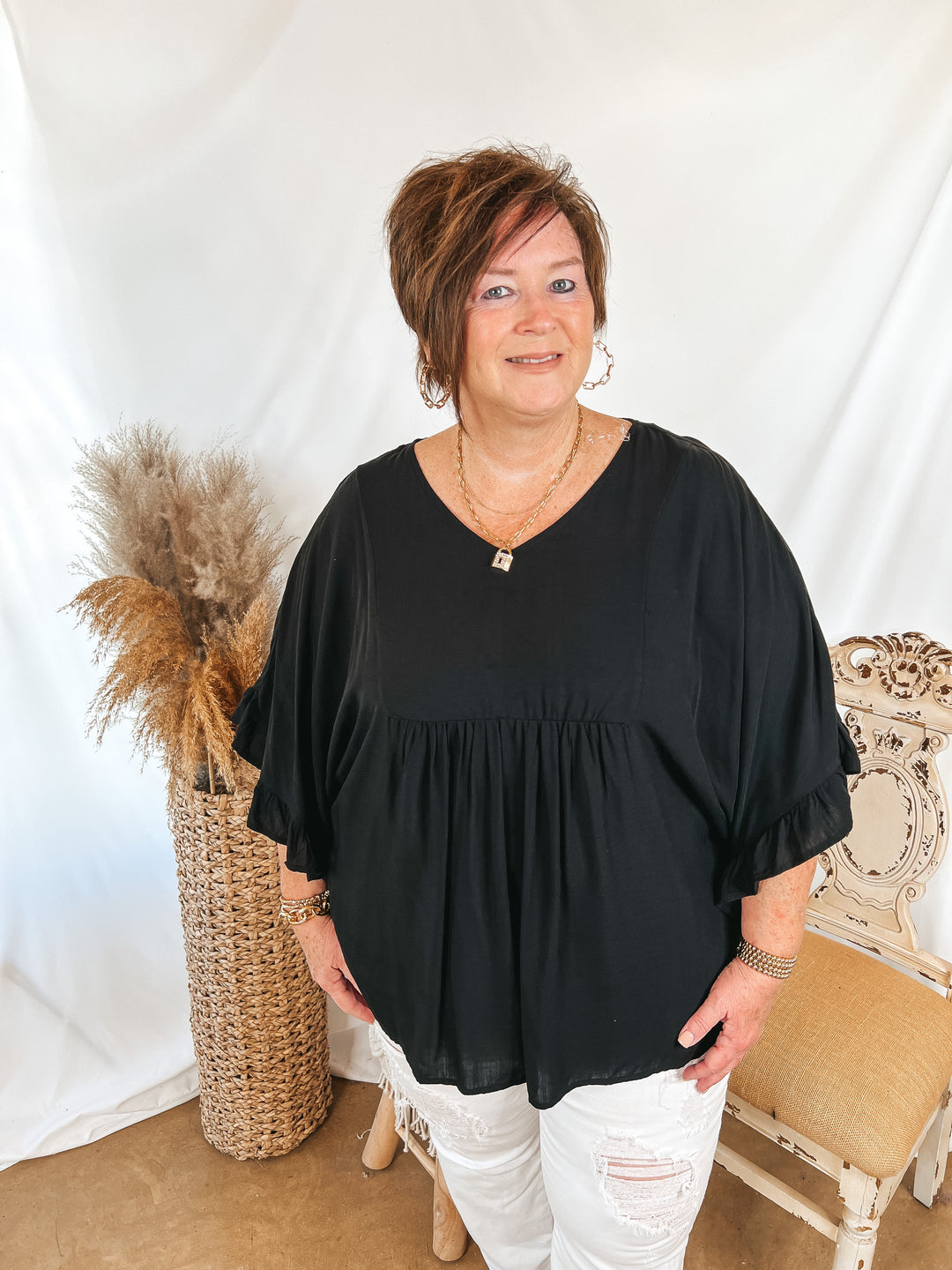 Blissful Moments Ruffle Sleeve V Neck Blouse in Black - Giddy Up Glamour Boutique