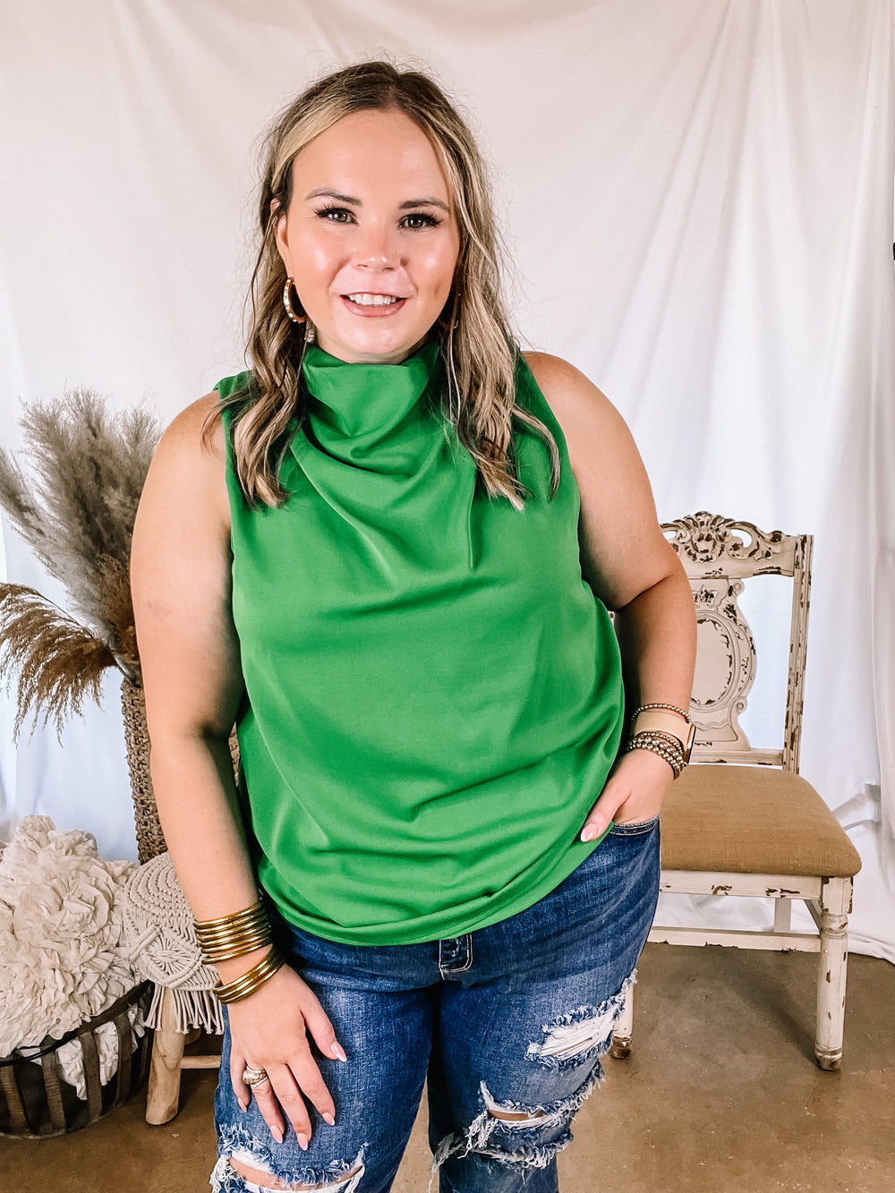 Hot Spot High Cowl Neck Tank Top in Green - Giddy Up Glamour Boutique