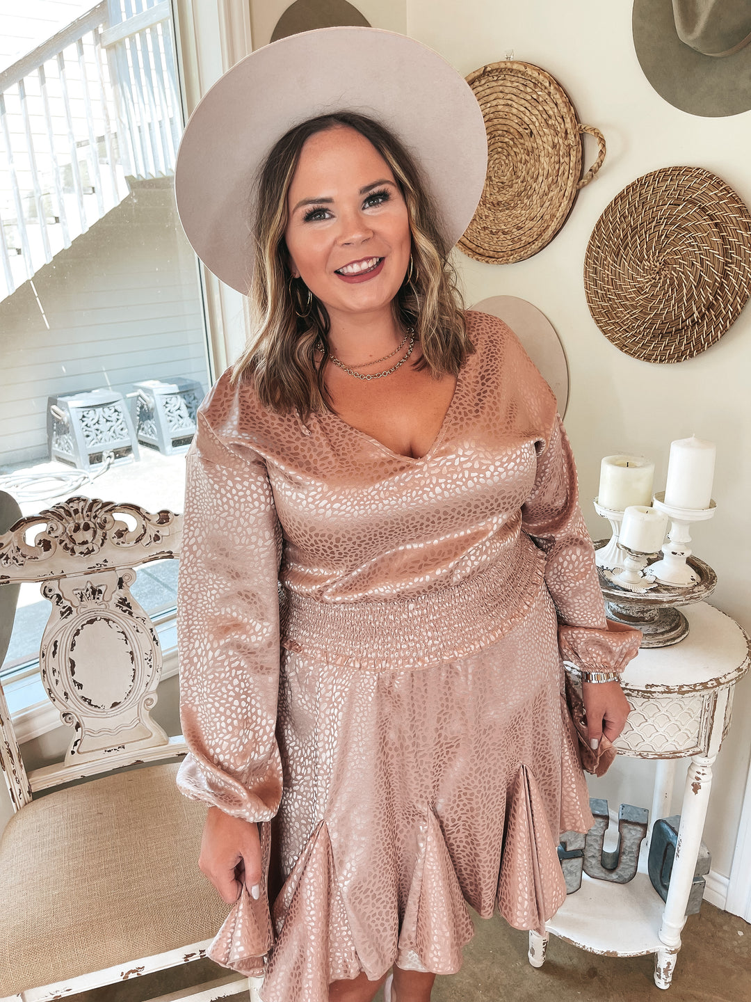 Wine Toast Dotted Smocked Waist V Neck Satin Dress in Blush - Giddy Up Glamour Boutique