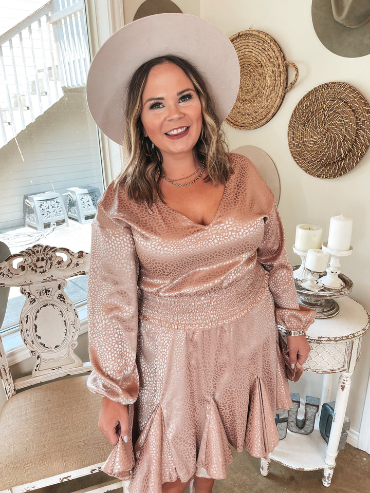 Wine Toast Dotted Smocked Waist V Neck Satin Dress in Blush - Giddy Up Glamour Boutique