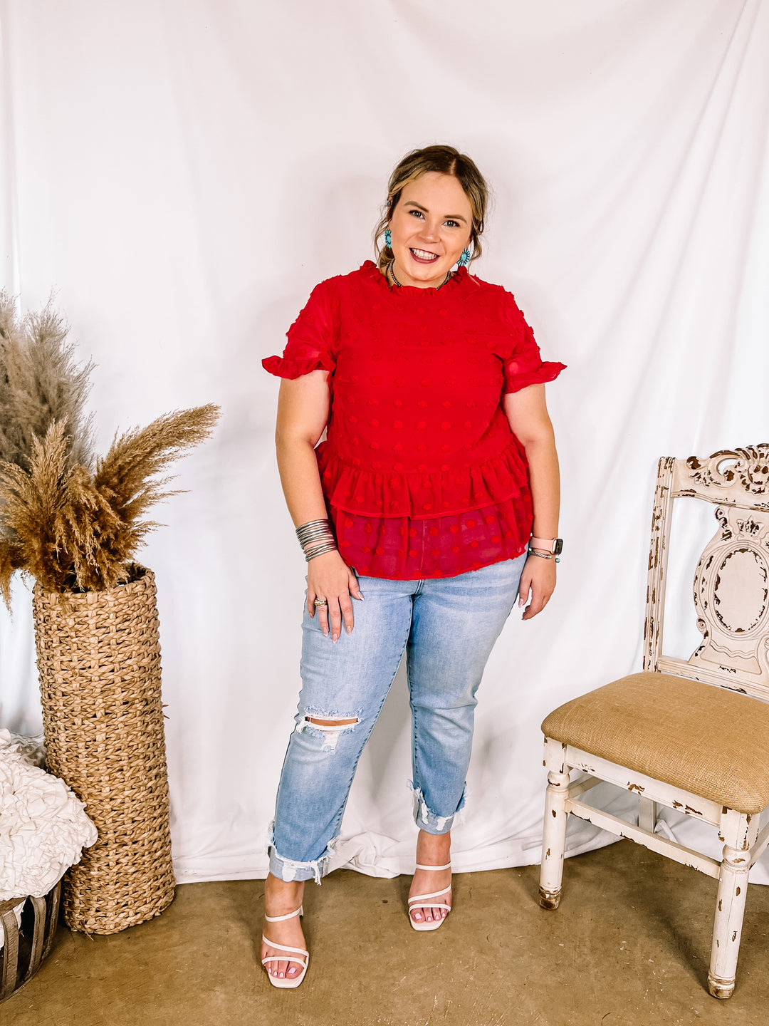 Garden Graceful Swiss Dot Ruffle Peplum Top in Red - Giddy Up Glamour Boutique