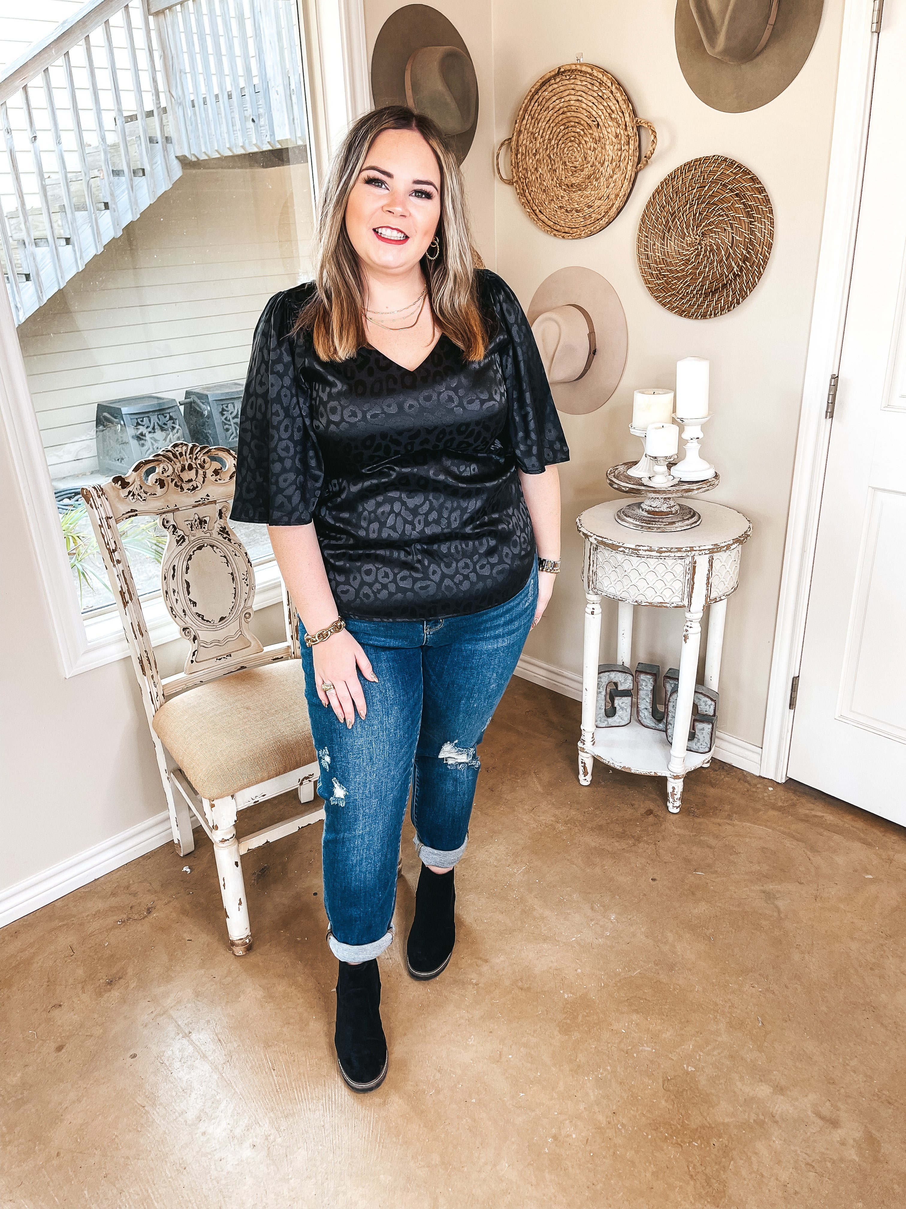 Giving You More Satin Leopard Print V Neck Blouse in Black - Giddy Up Glamour Boutique