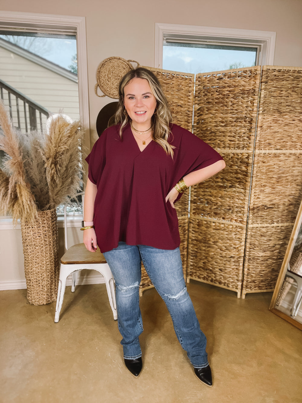 Weekend Out V Neck Placket Short Sleeve Top in Maroon - Giddy Up Glamour Boutique