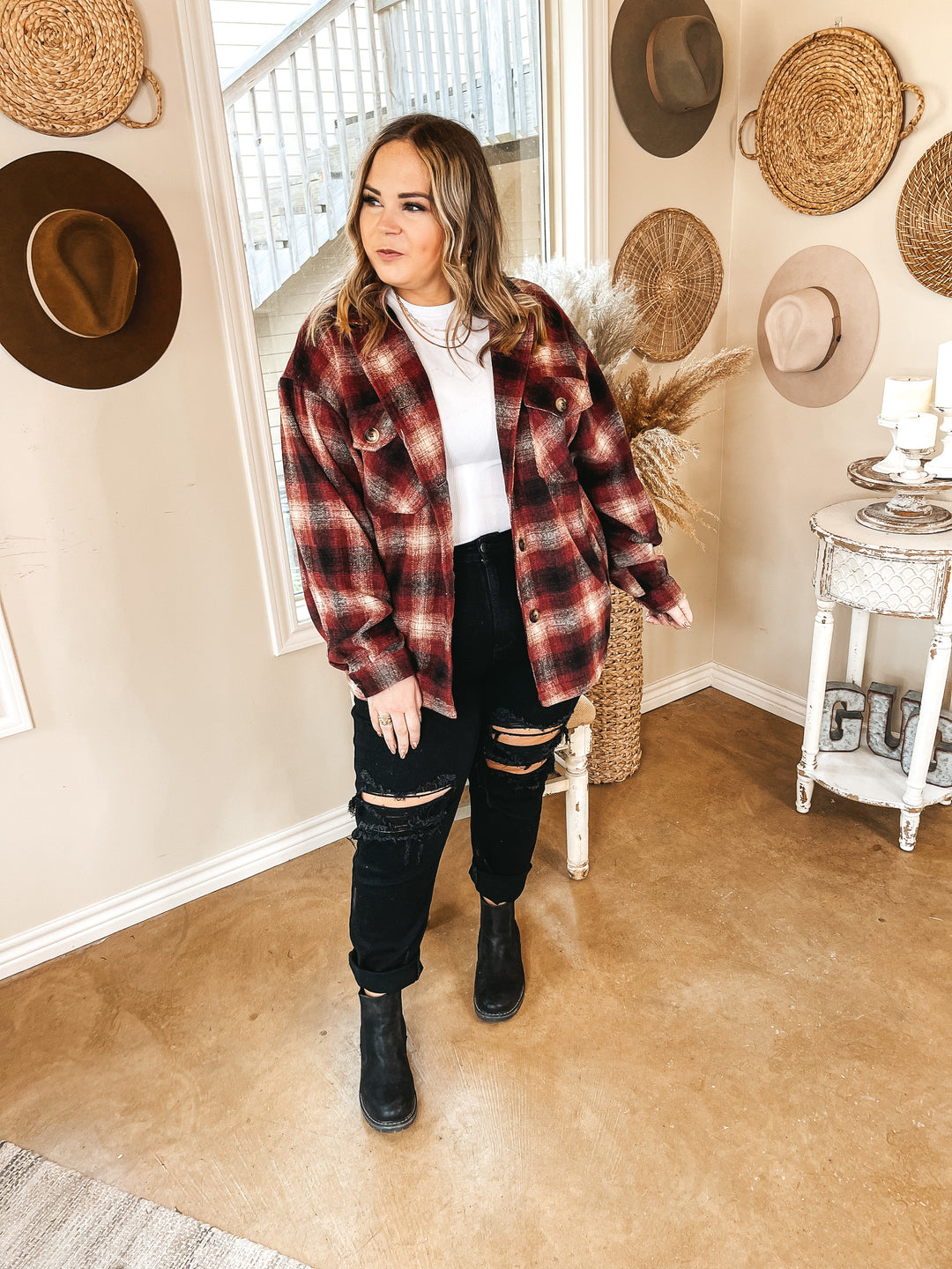 Original Idea Plaid Button Up Shacket in Maroon - Giddy Up Glamour Boutique