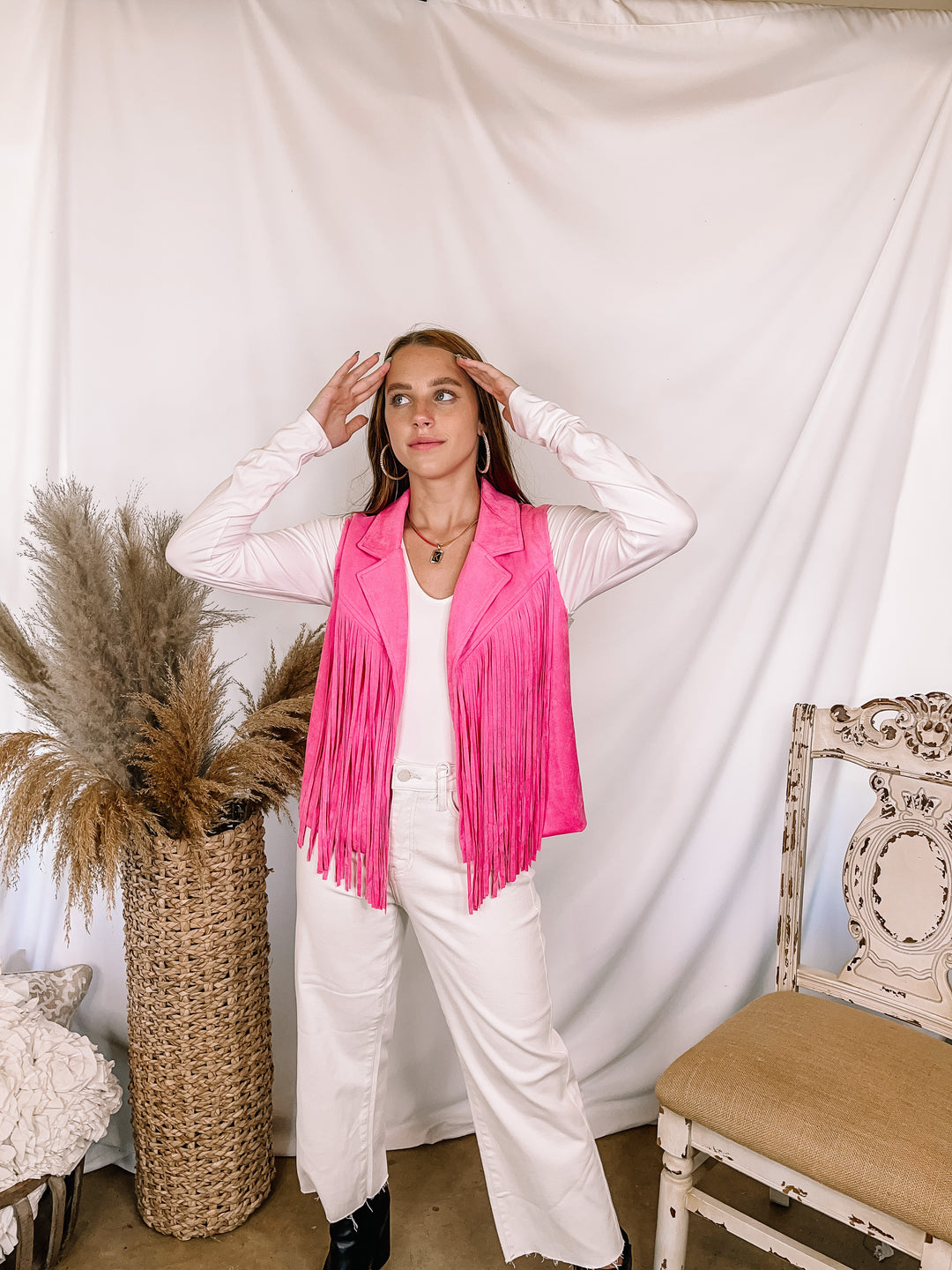 Wild Weekend Open Front Suede Fringe Vest in Pink - Giddy Up Glamour Boutique