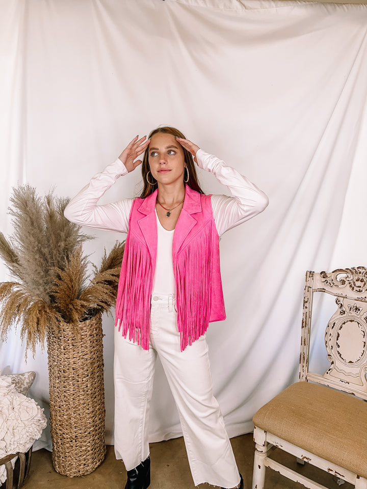 Wild Weekend Open Front Suede Fringe Vest in Pink - Giddy Up Glamour Boutique