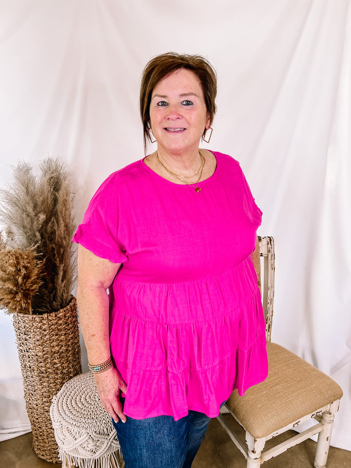 Belong To You Tiered Top with Ruffle Cap Sleeves in Fuchsia - Giddy Up Glamour Boutique