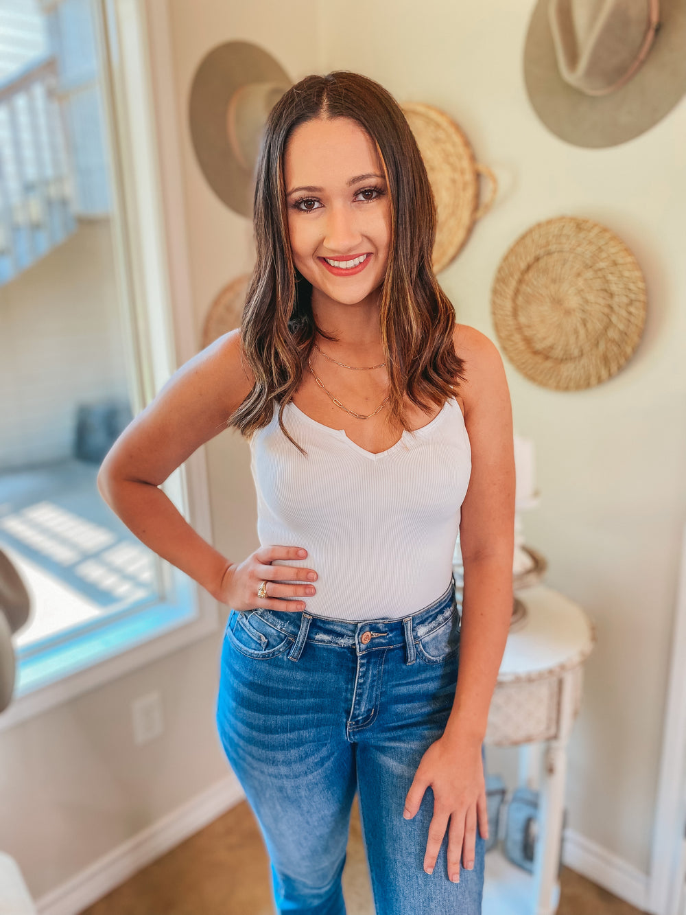 Pure Delight Ribbed Spaghetti Strap Body Suit with Notched Front in White - Giddy Up Glamour Boutique