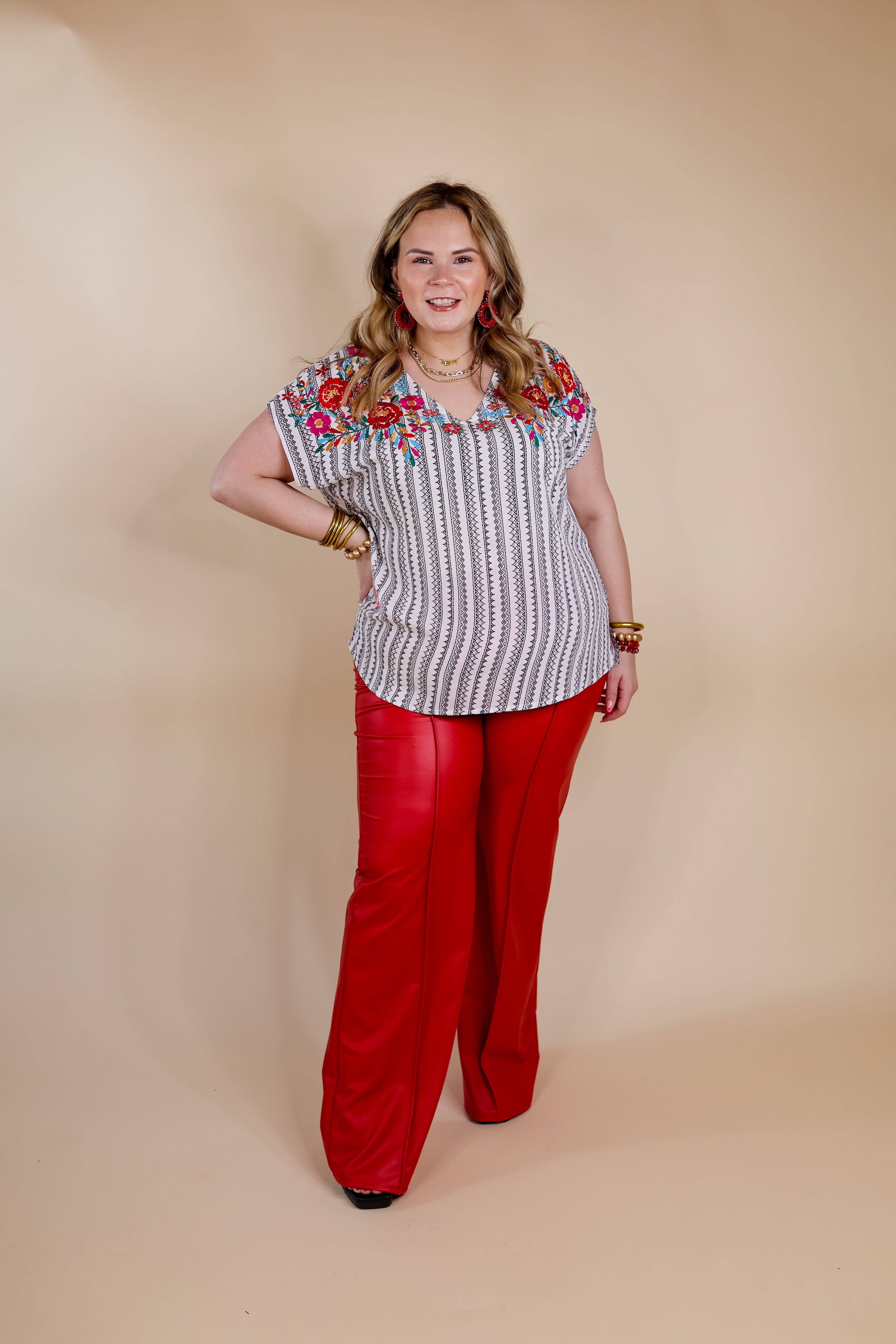 Happy Rush Tribal Stripe V Neck Top with Floral Embroidery in White - Giddy Up Glamour Boutique