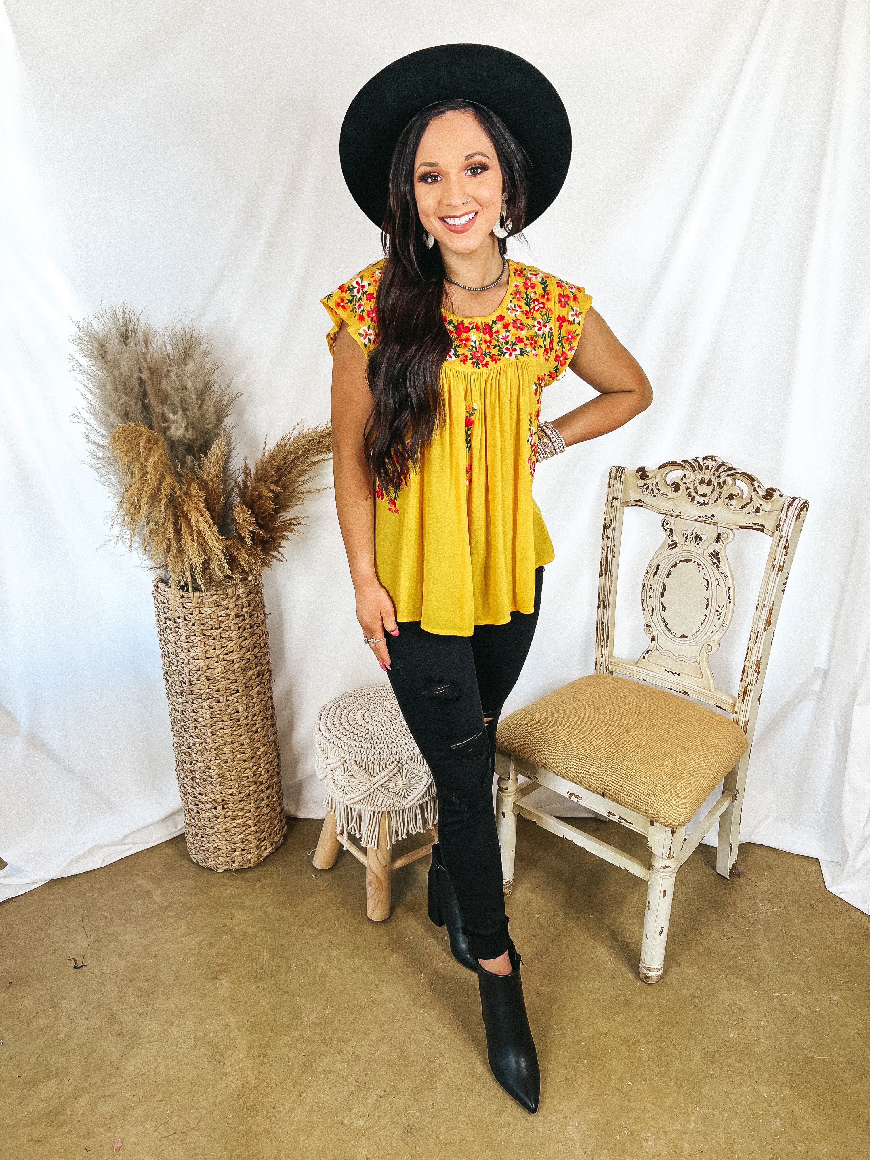 Lajitas Lady Floral Embroidered Babydoll Top in Yellow - Giddy Up Glamour Boutique
