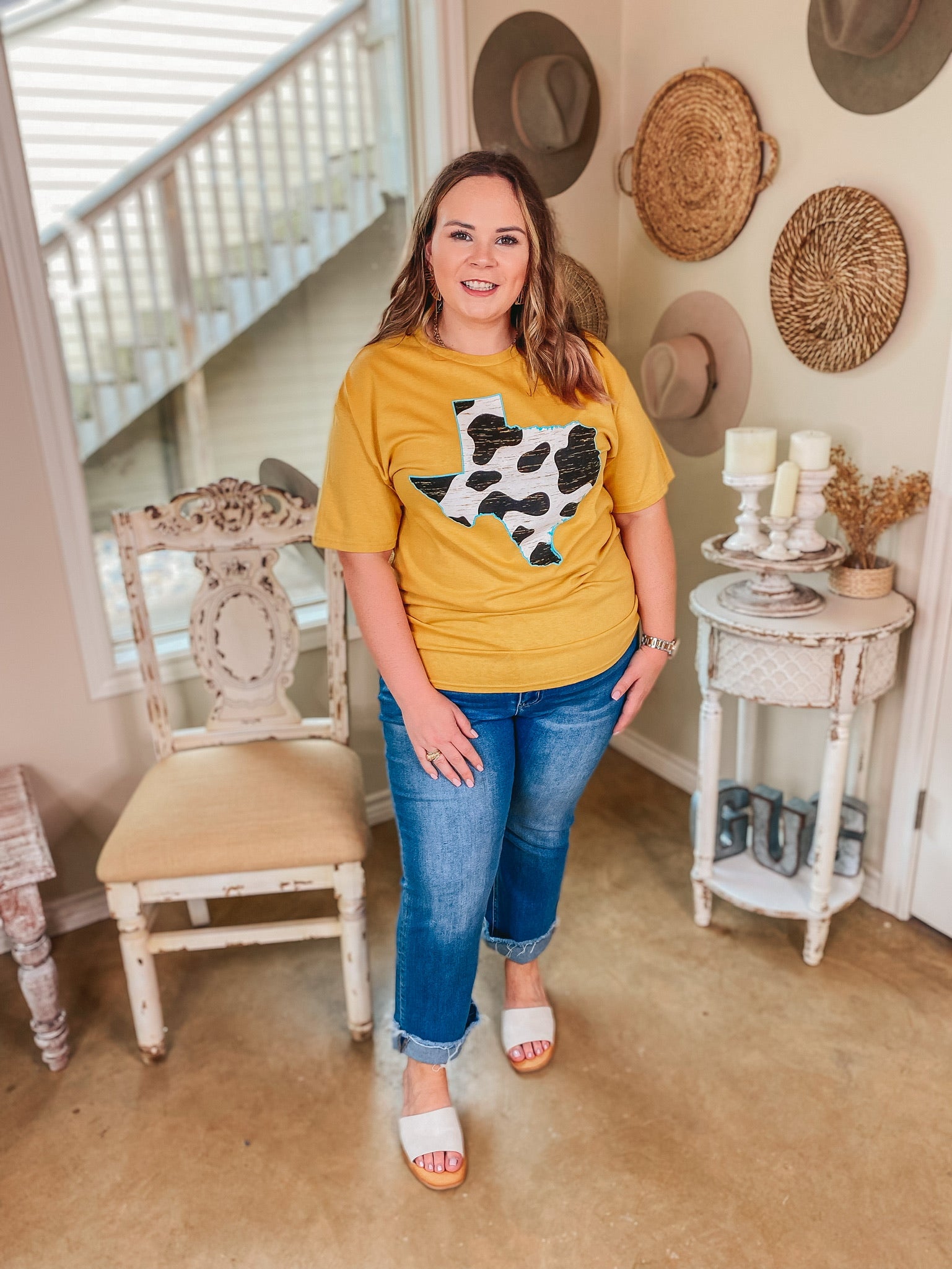 Bring the Cows Home Short Sleeve Texas Graphic Tee in Mustard Yellow - Giddy Up Glamour Boutique