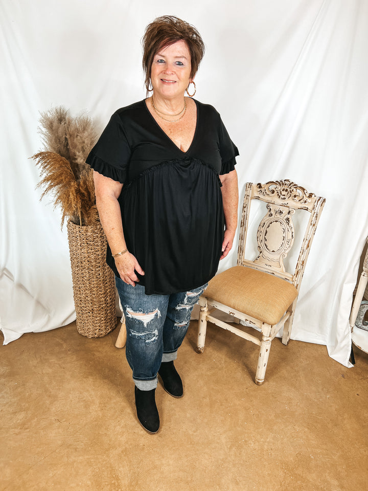 Upon Request Ruffle Detailed Short Sleeve Babydoll Top in Black - Giddy Up Glamour Boutique