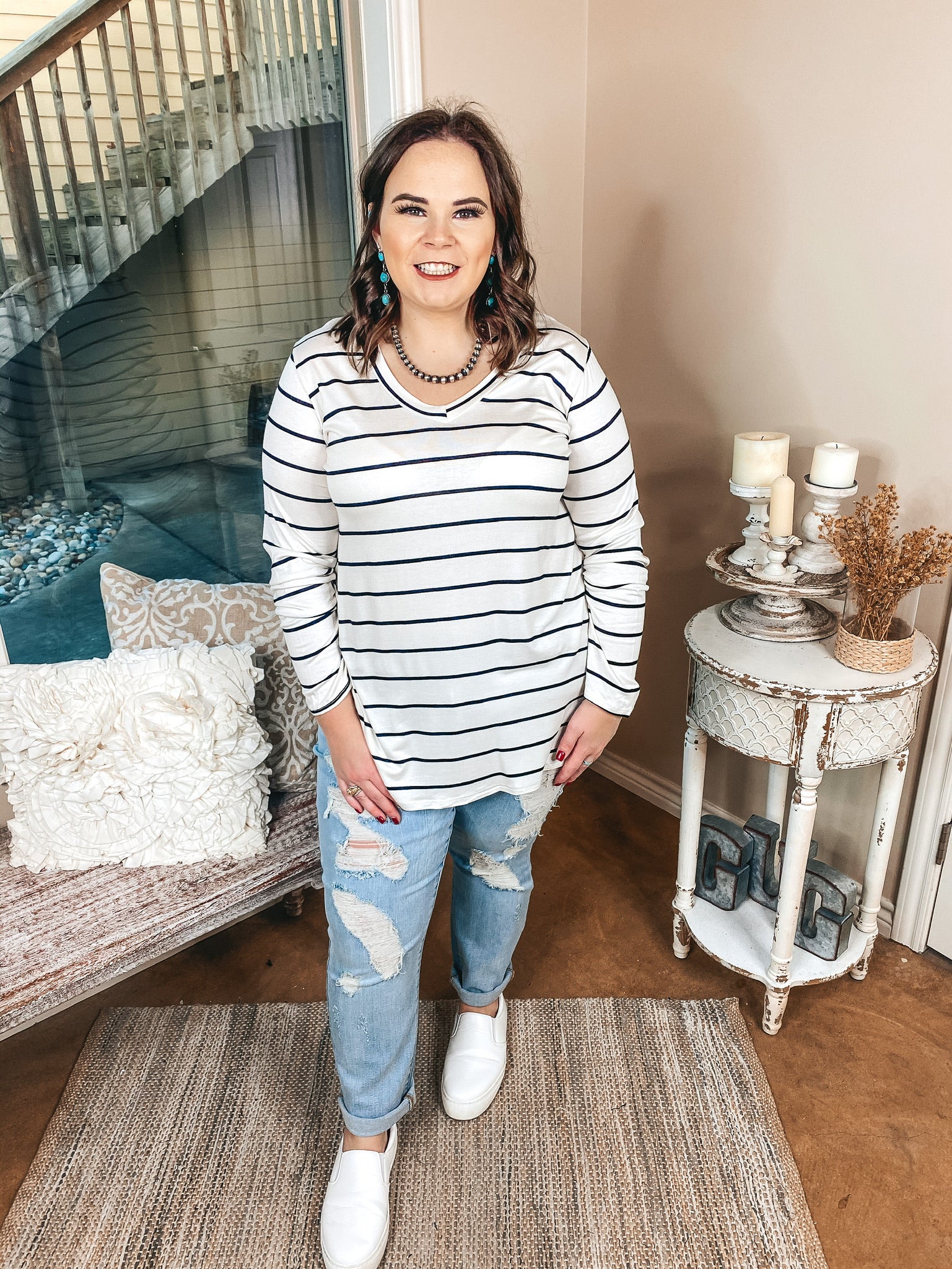 Keep Things Casual Long Sleeve Striped V Neck Tee in Ivory - Giddy Up Glamour Boutique