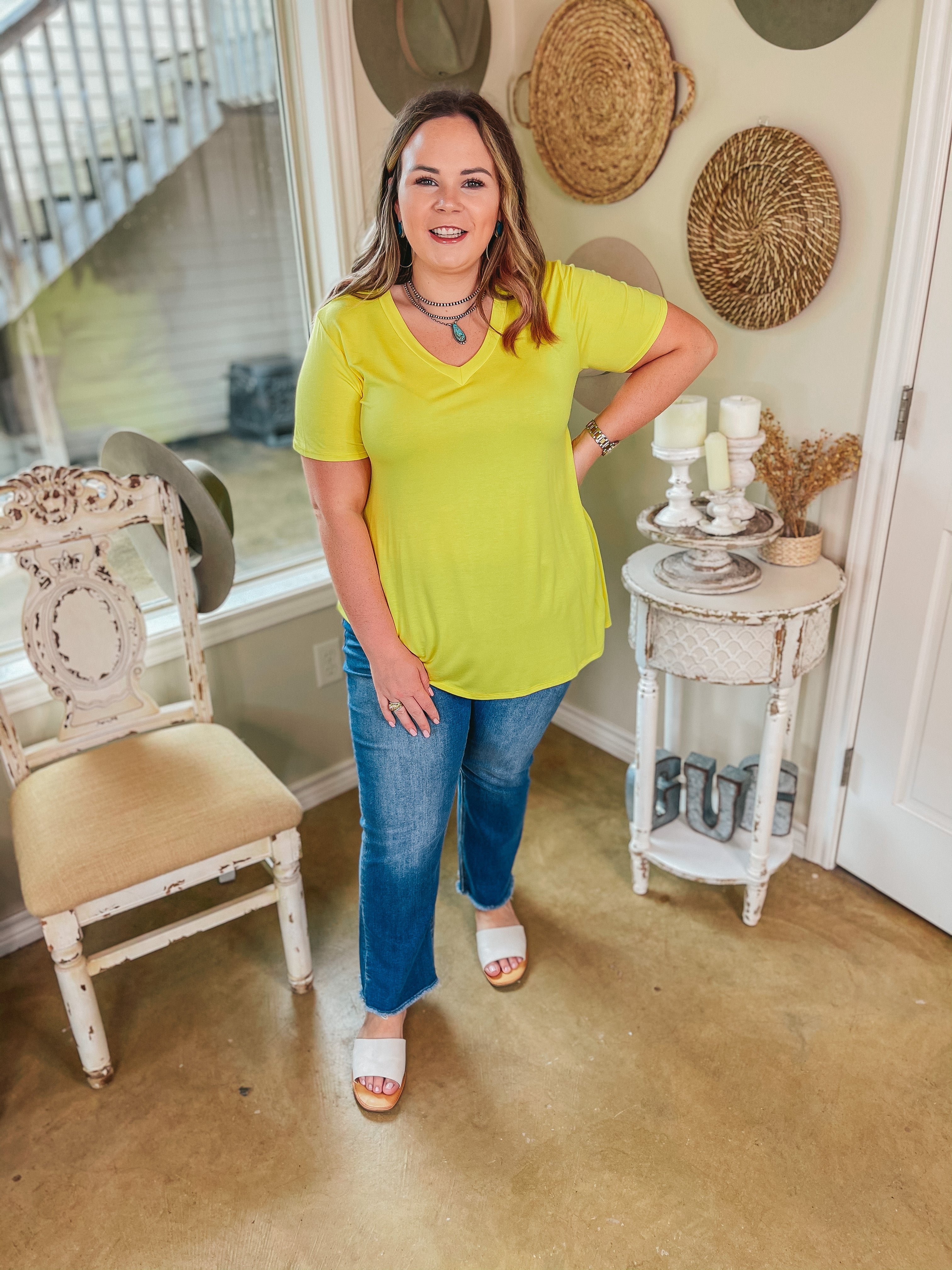 It's That Simple Solid V Neck Tee in Yellow - Giddy Up Glamour Boutique