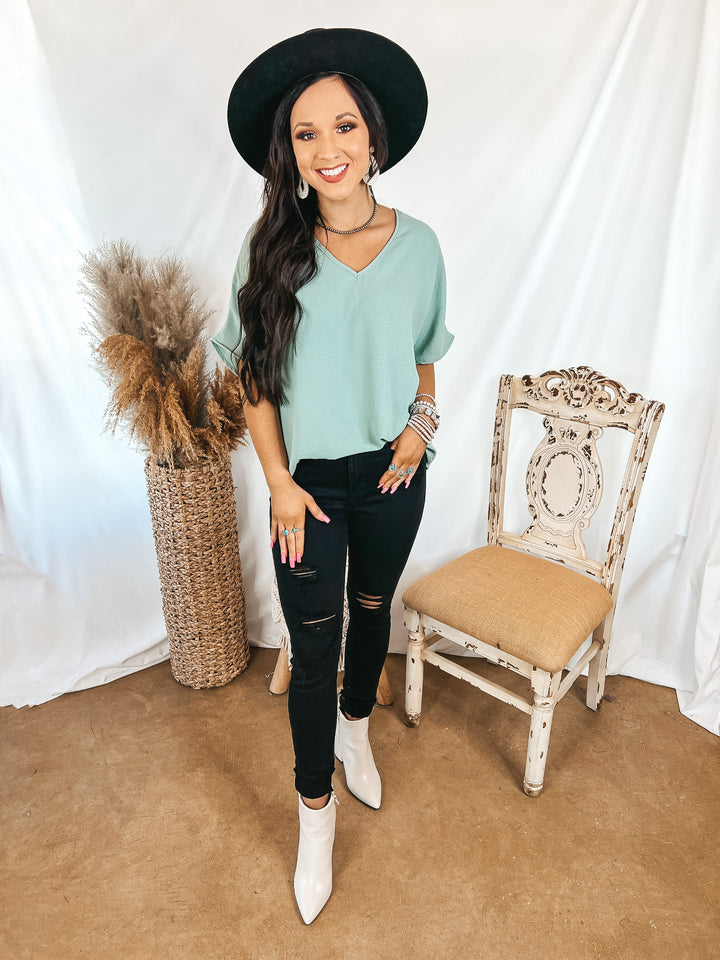 Lovely Dear V Neck Short Sleeve Solid Top in Aloe Blue - Giddy Up Glamour Boutique