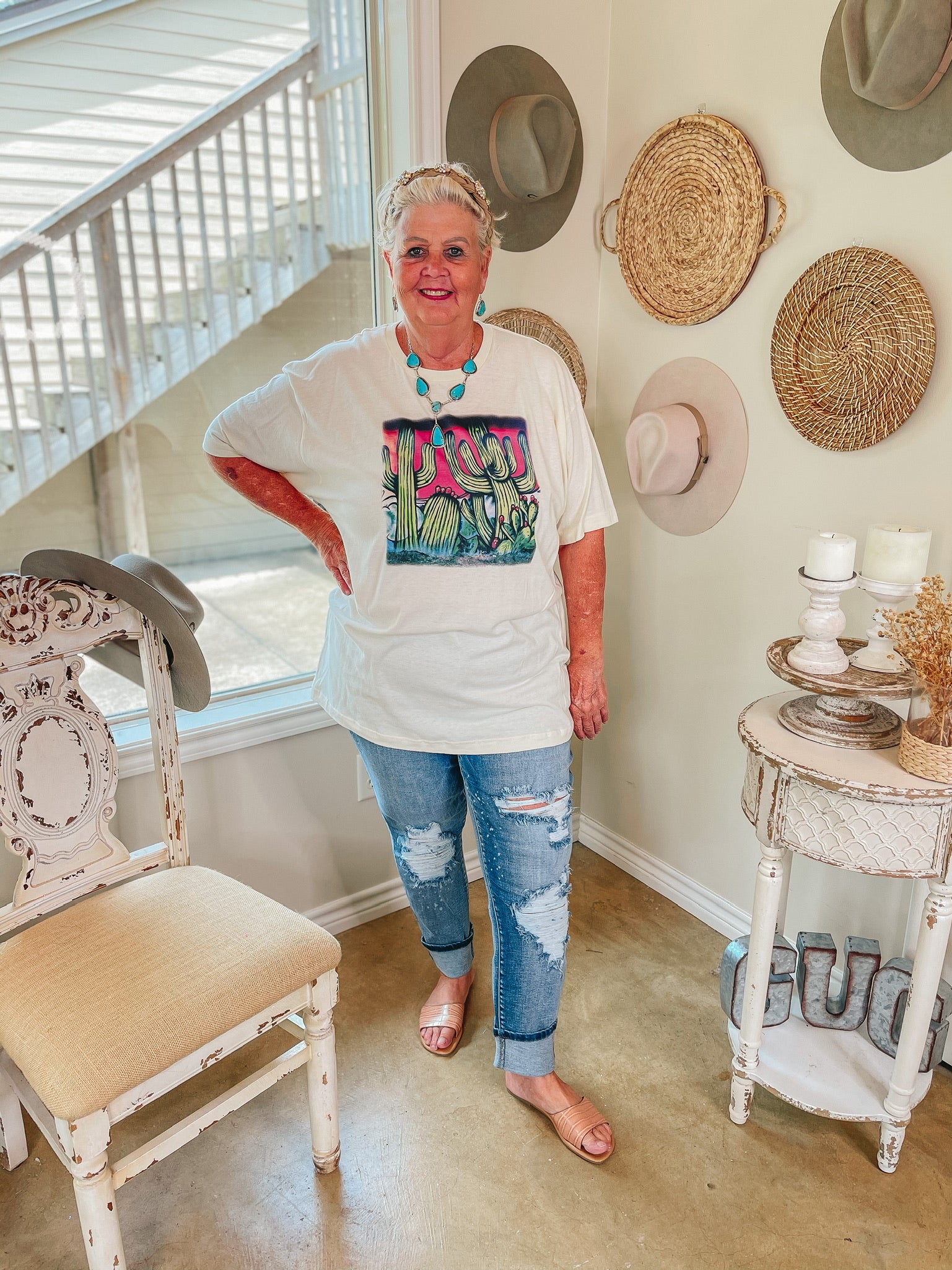 Paint Me in Palm Springs Short Sleeve Airbrush Cactus Graphic Tee in Ivory - Giddy Up Glamour Boutique