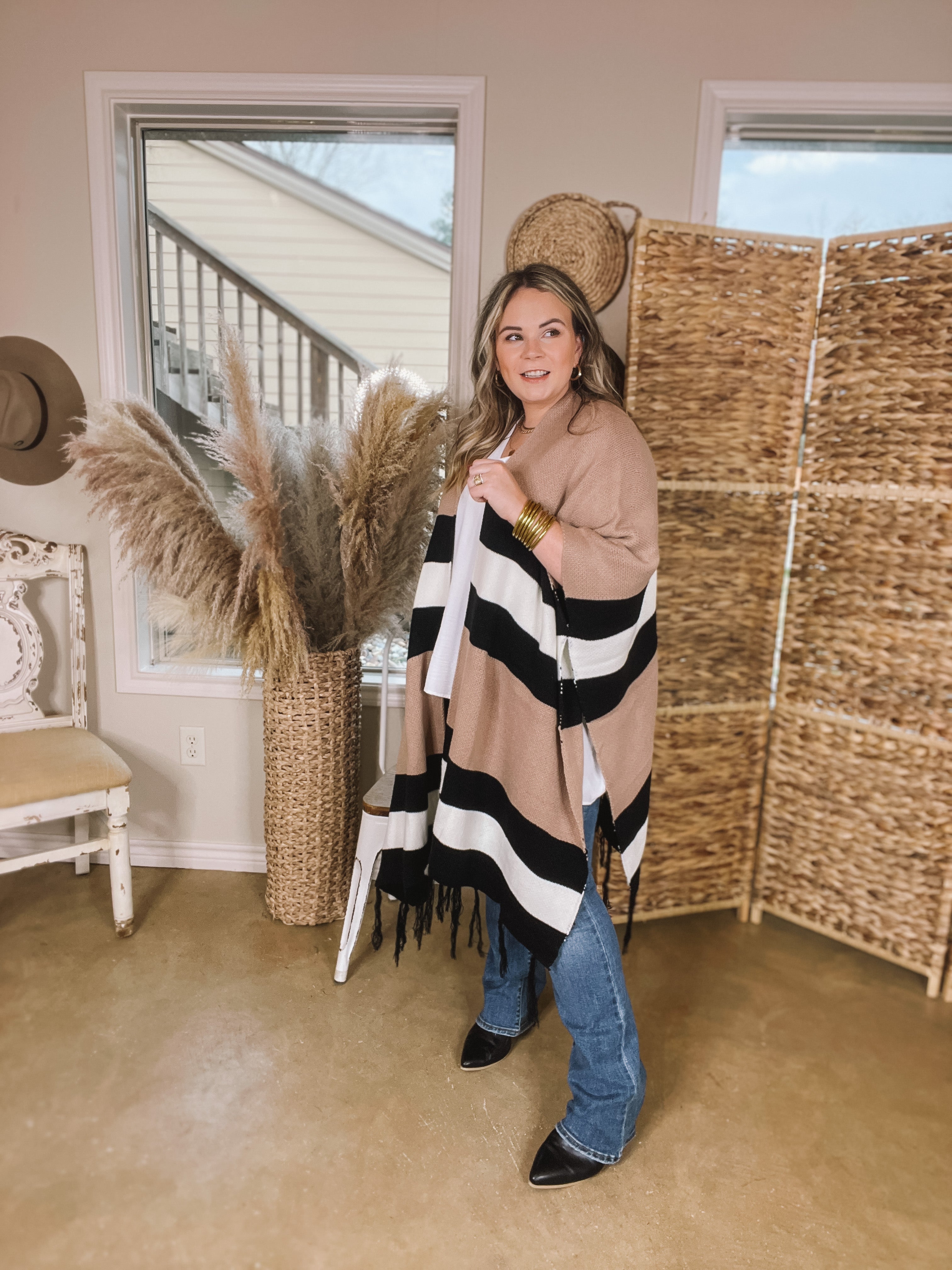 Warmest Wishes Striped Poncho Cardigan with Tassel Fringe in Mocha, Ivory, and Black - Giddy Up Glamour Boutique