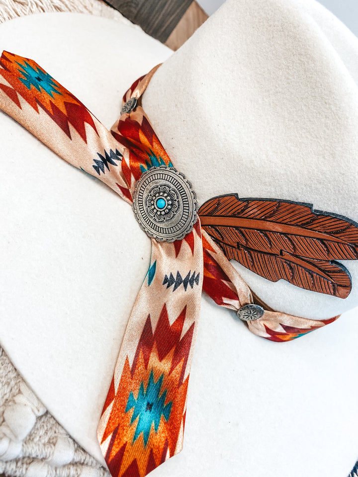 Charlie 1 Horse | Navajo Flat Brim Felt Hat with Tribal Scarf and Leather Feathers in Ivory - Giddy Up Glamour Boutique