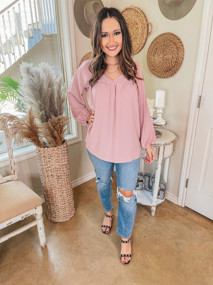 Office Feels Long Sleeve V Neck Babydoll Top in Dusty Pink - Giddy Up Glamour Boutique