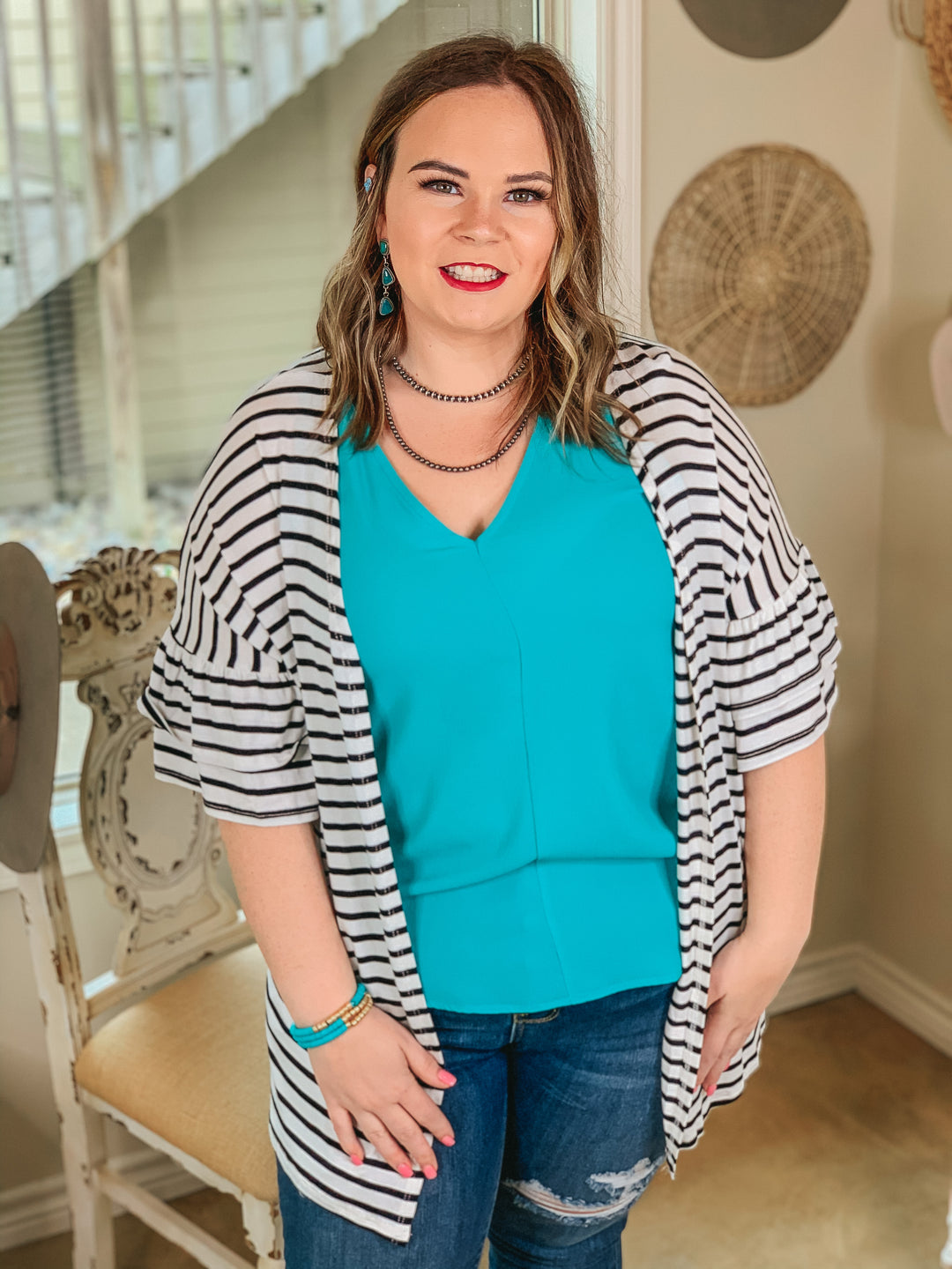 Cross My Mind Stripe Cardigan with Ruffle Sleeves in White - Giddy Up Glamour Boutique