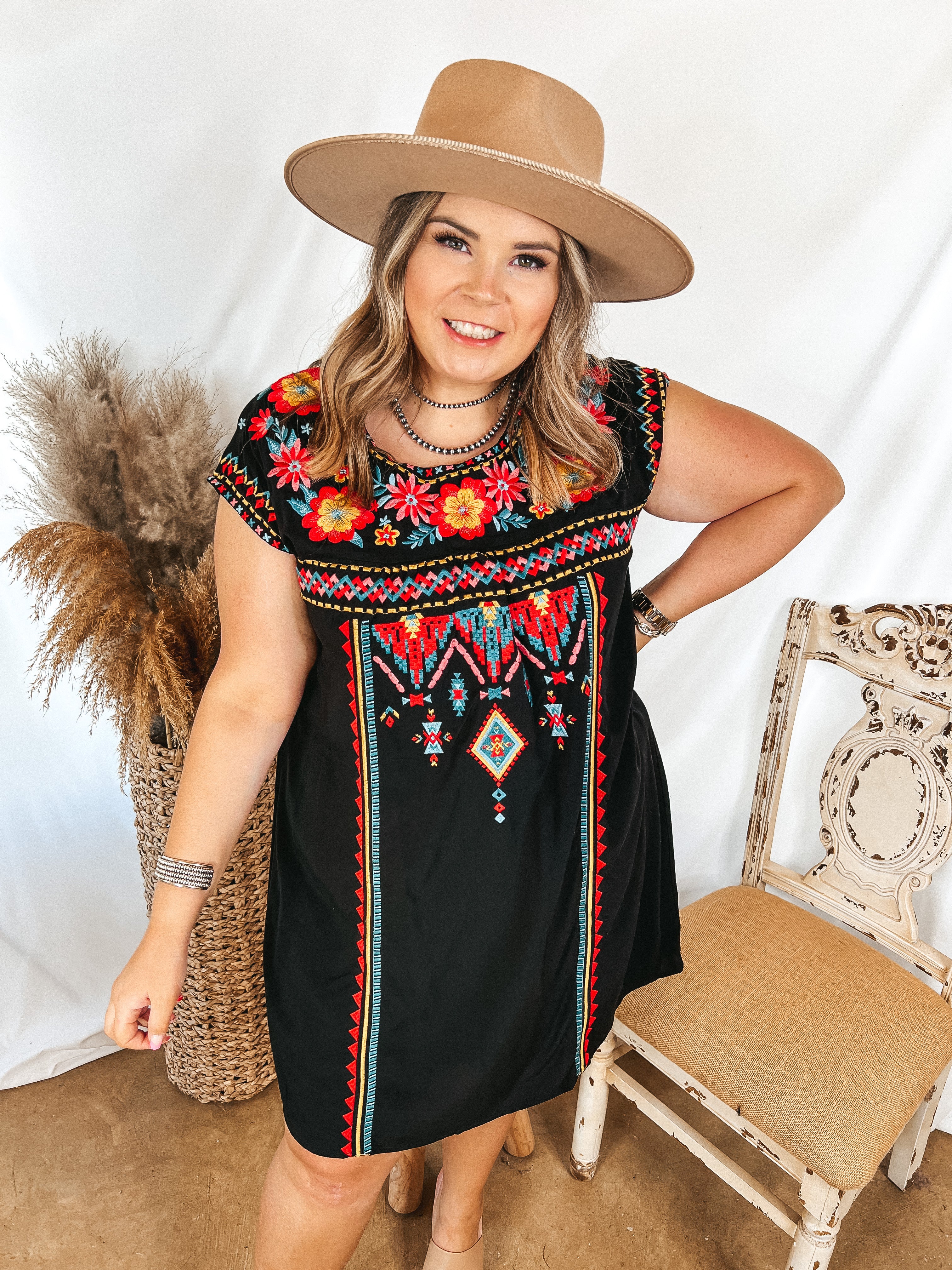 Sunny Sweetie Floral Embroidered Cap Sleeve Dress in Black - Giddy Up Glamour Boutique