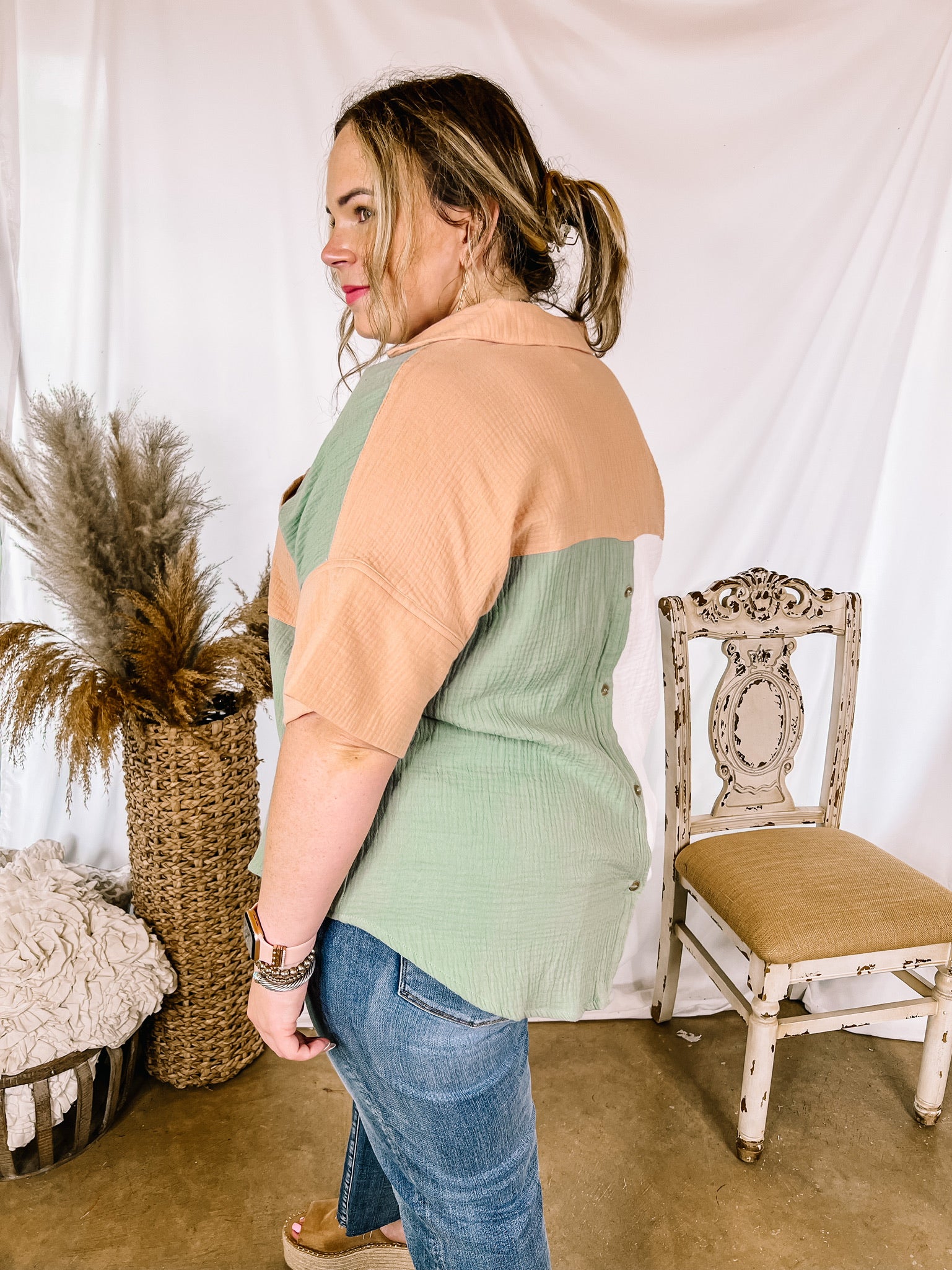 Burst of Joy Collared Color Block Top in Desert Sage Mix - Giddy Up Glamour Boutique