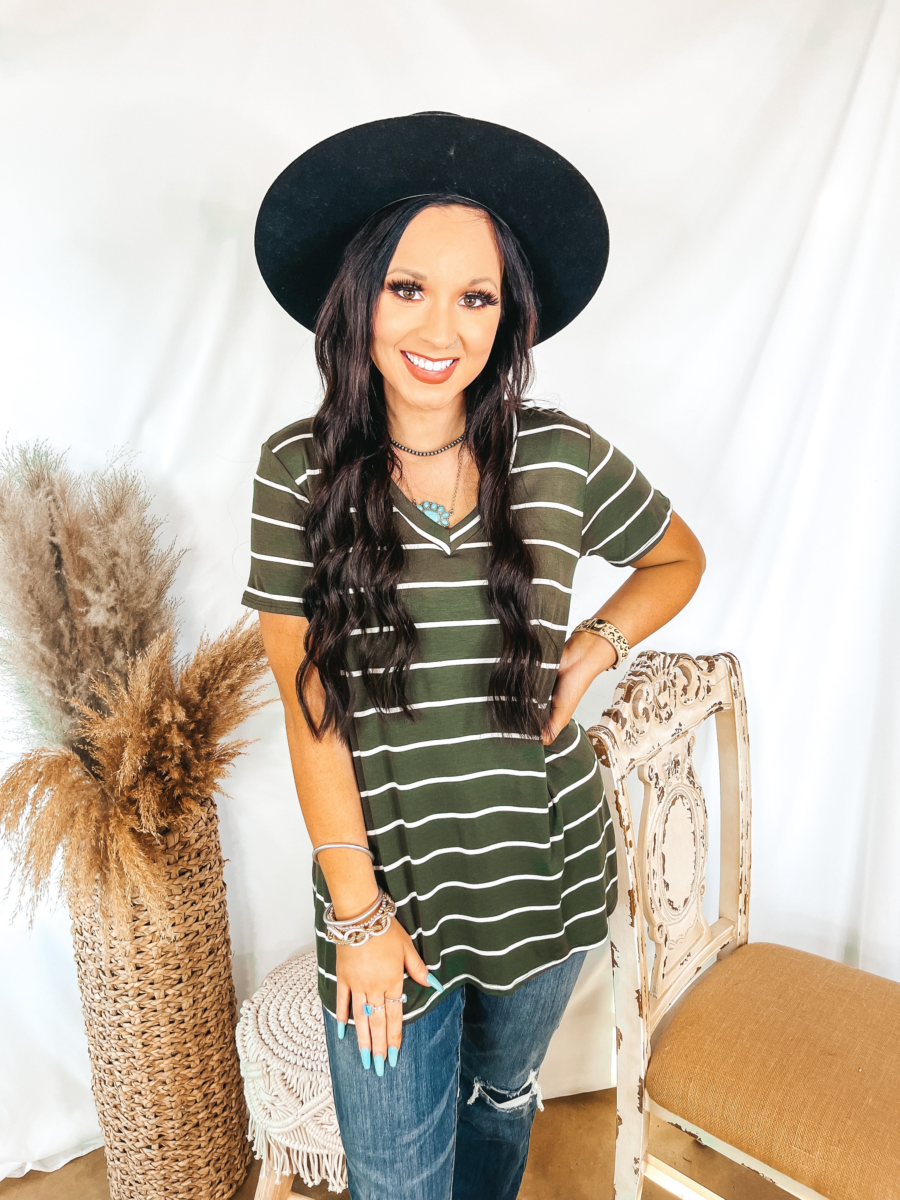 Keep Things Casual Striped V Neck Tee in Olive Green - Giddy Up Glamour Boutique