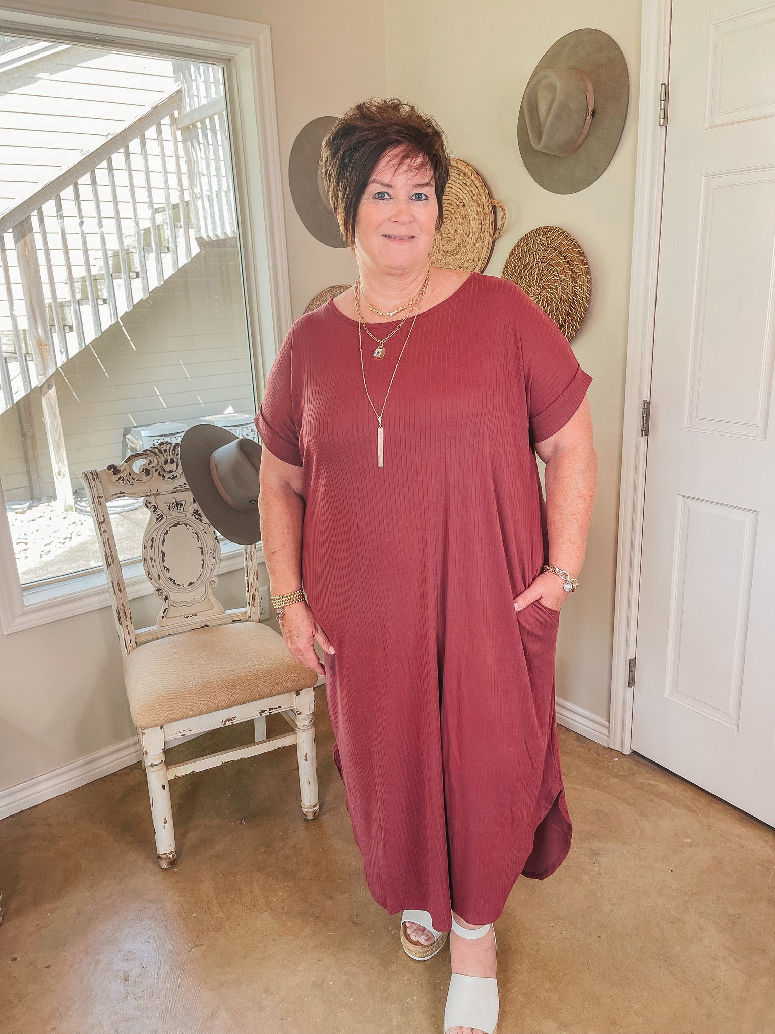 Chill Looks Short Sleeve Ribbed Midi Dress in Marsala - Giddy Up Glamour Boutique