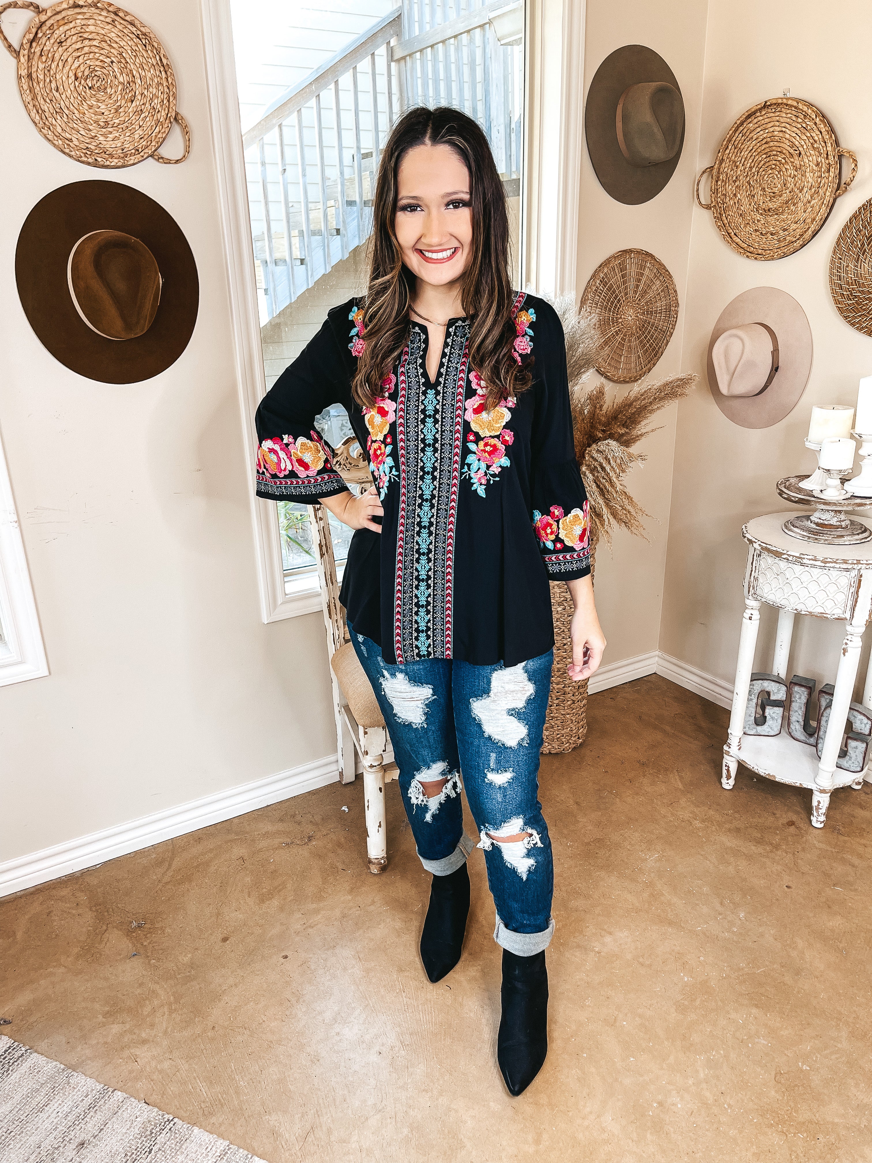 Last Chance Size Small | Give Me Color Floral Embroidered Bell Sleeve Top in Black - Giddy Up Glamour Boutique