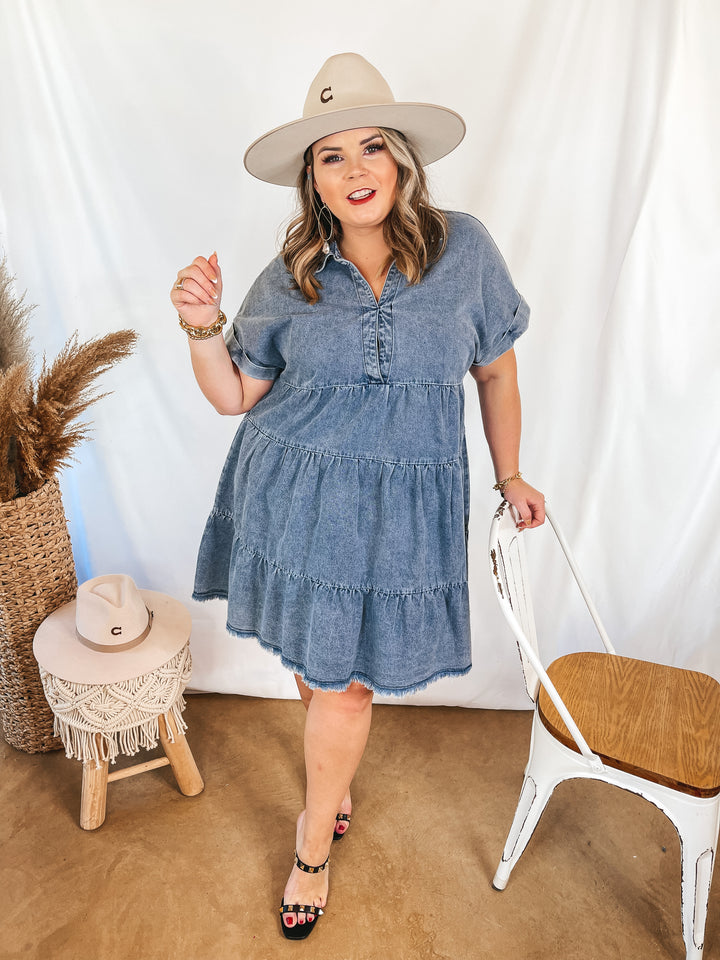 Wait List Tiered Denim Dress with Collared Neckline in Medium Wash - Giddy Up Glamour Boutique