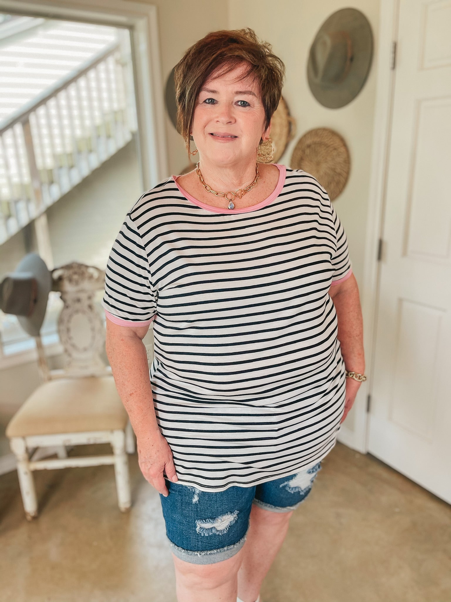 Sunday Drive Black and Ivory Striped Short Sleeve Top with Pink Trim - Giddy Up Glamour Boutique