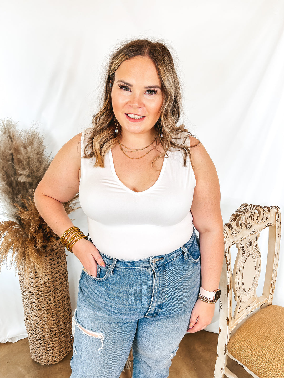 Perfect Night V Neck Tank Bodysuit in White - Giddy Up Glamour Boutique