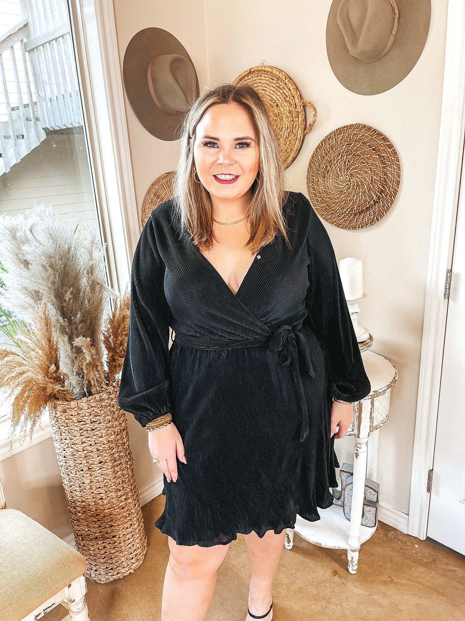 Learning Something New Pleated Long Sleeve V Neck Dress in Black - Giddy Up Glamour Boutique