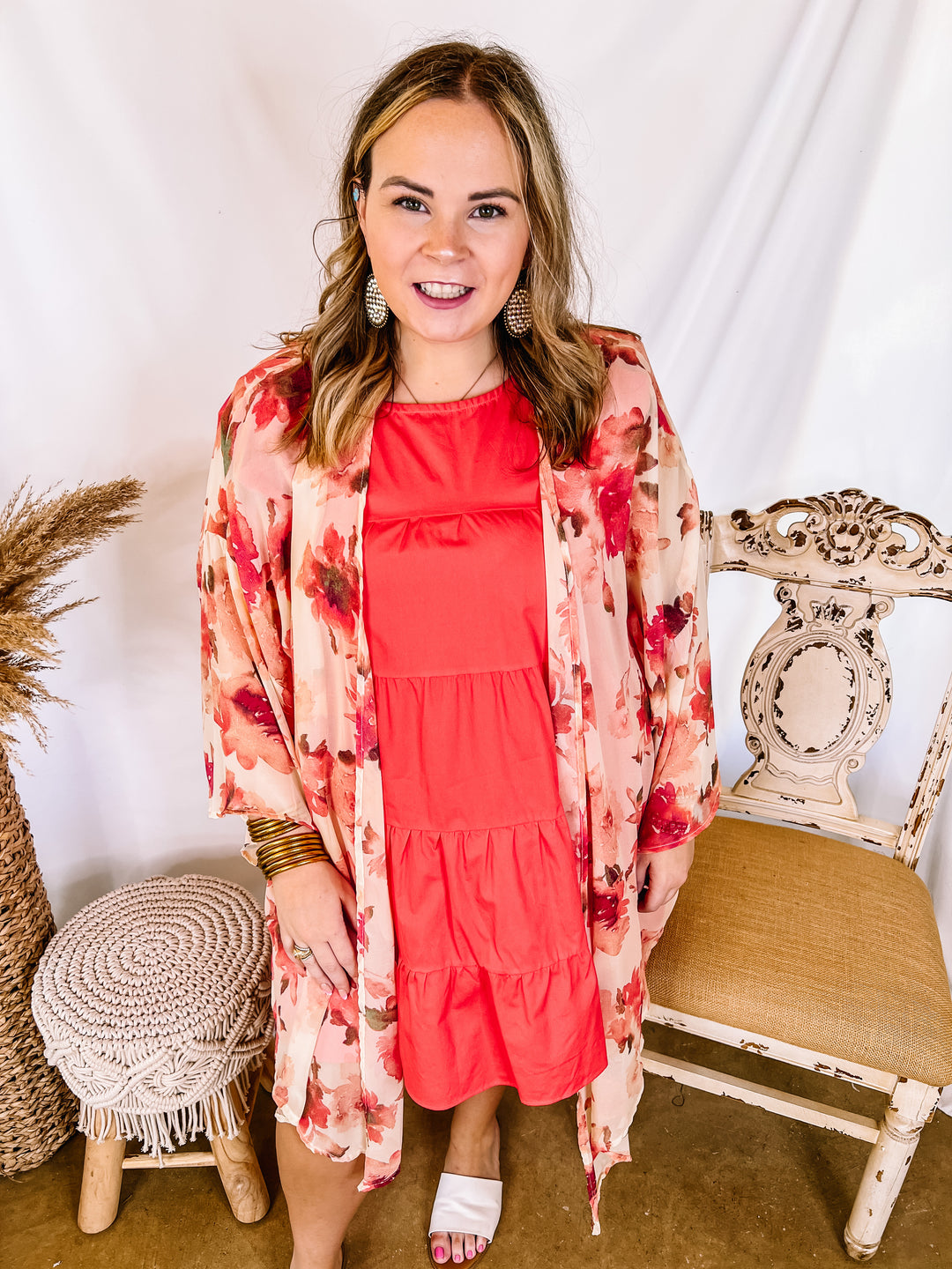 Cabana Hour Open Front Floral Kimono in Ivory and Pink - Giddy Up Glamour Boutique