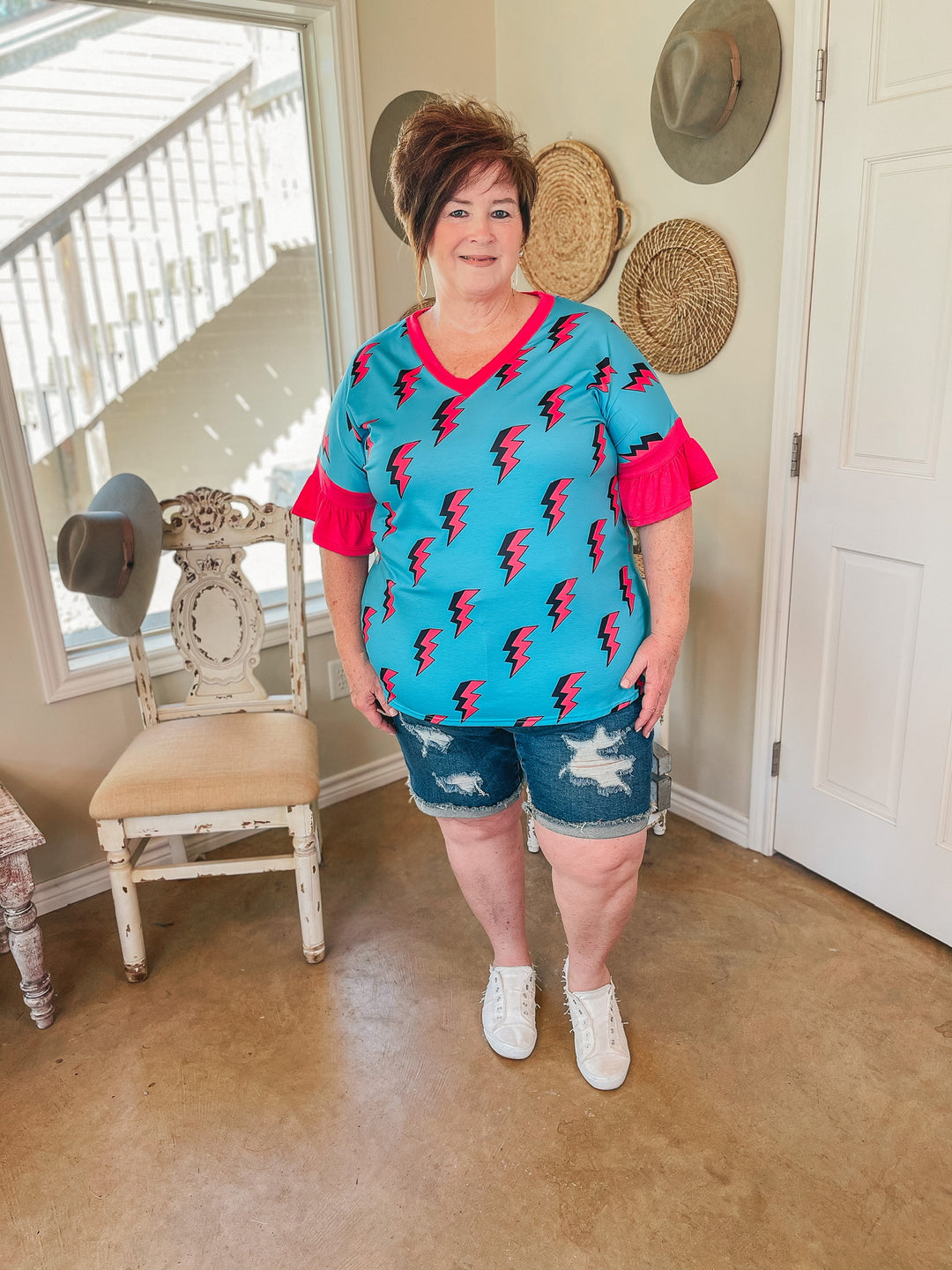 Last Chance Size S, M, & L | Saved By the Bell Fuchsia Lightning Bolt V Neck Top with Ruffle Sleeves in Turquoise - Giddy Up Glamour Boutique