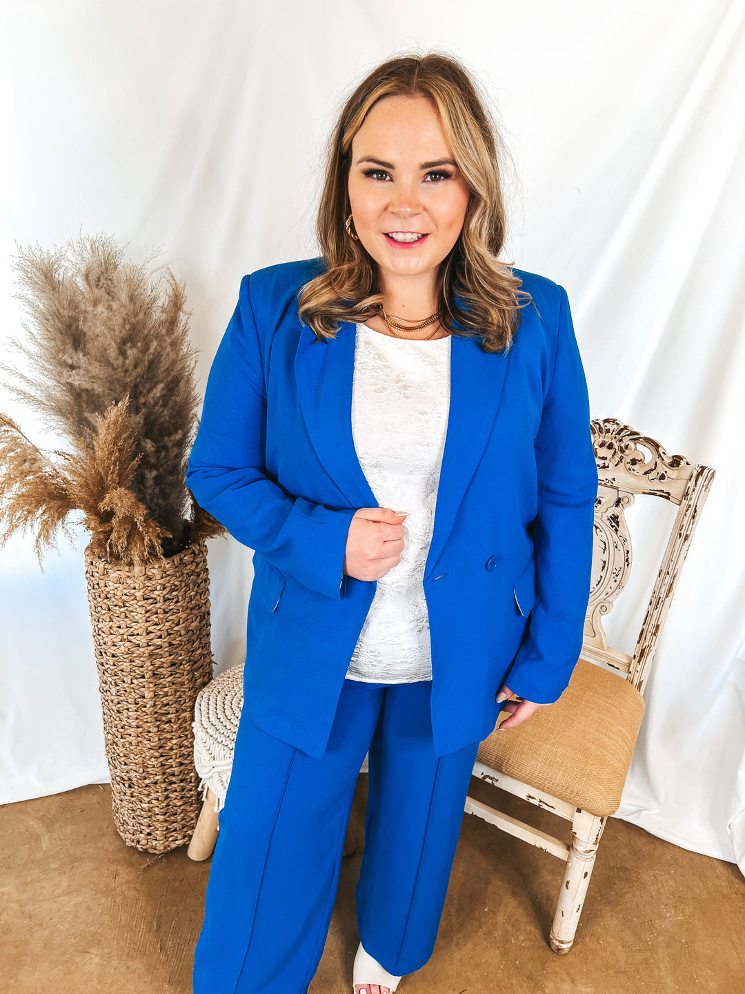 Bossy Business Double Button Blazer with Pockets in Royal Blue - Giddy Up Glamour Boutique