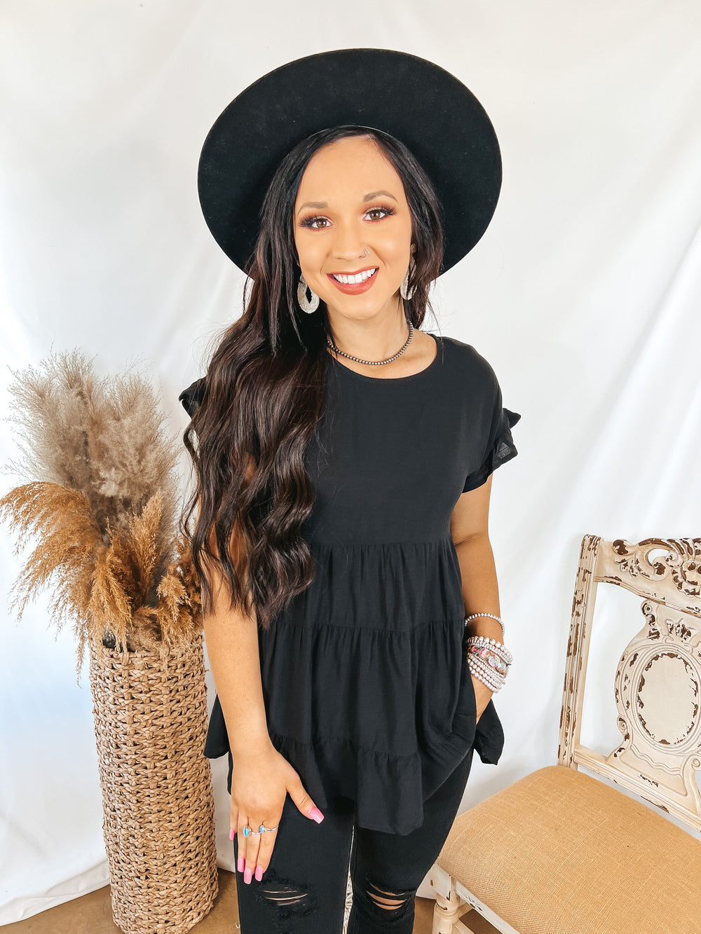 Belong To You Tiered Top with Ruffle Cap Sleeves in Black - Giddy Up Glamour Boutique