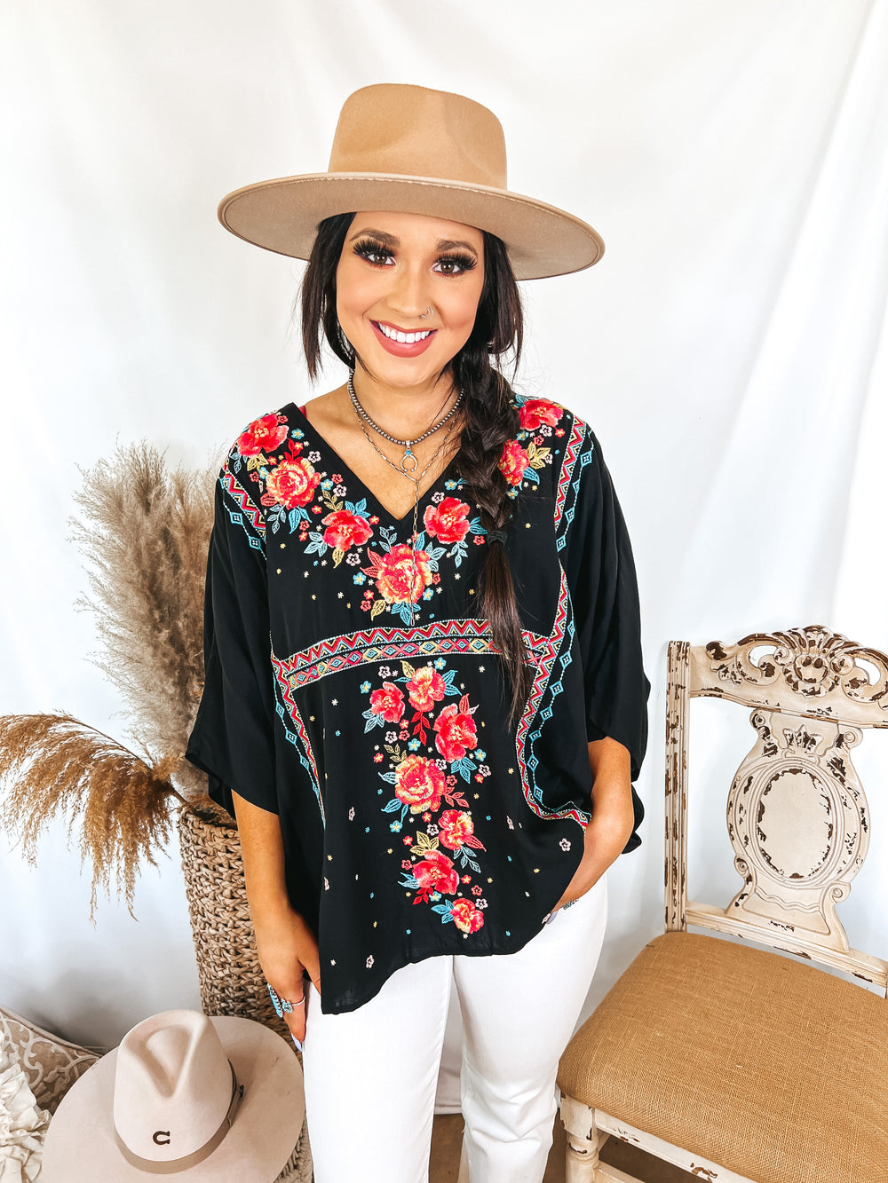 More To The Story Floral Embroidered Poncho Top in Black - Giddy Up Glamour Boutique