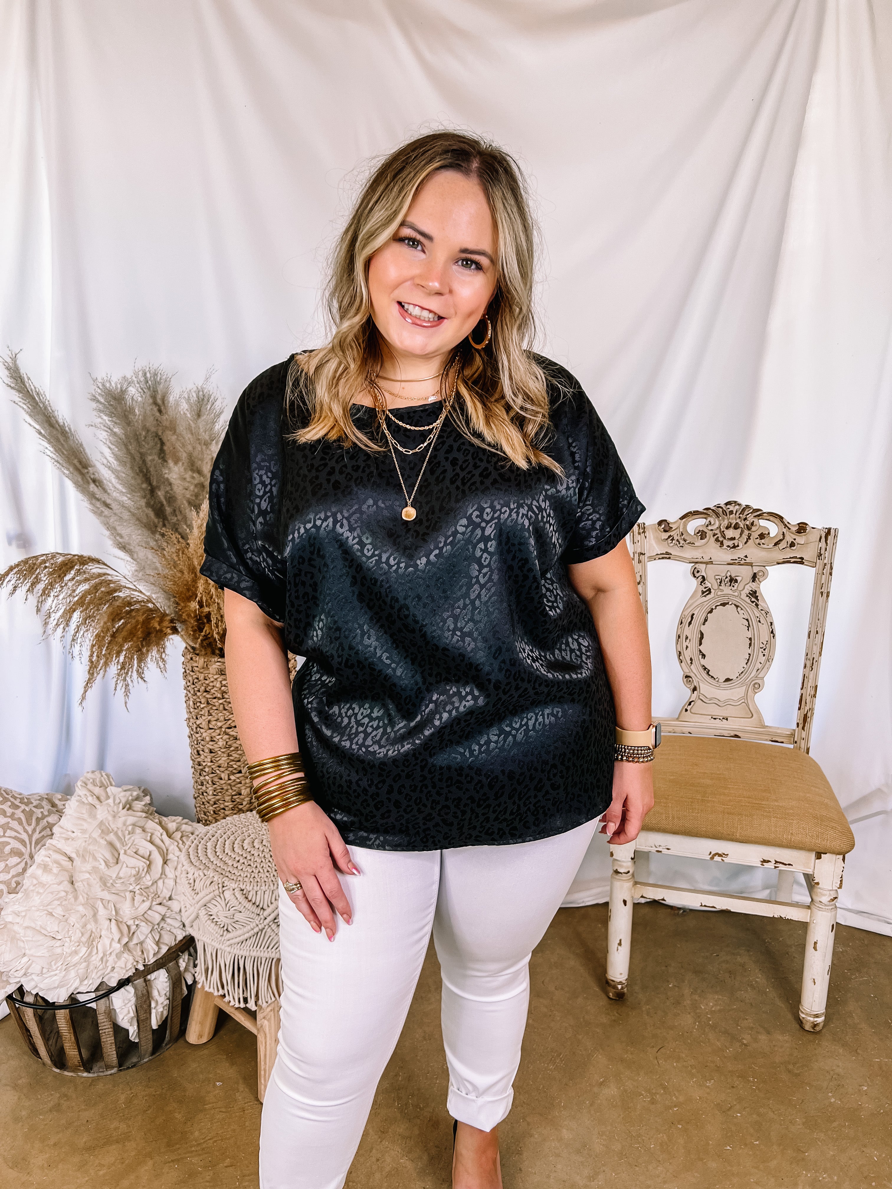 Complete Awe Short Sleeve Satin Leopard Print Top in Black - Giddy Up Glamour Boutique