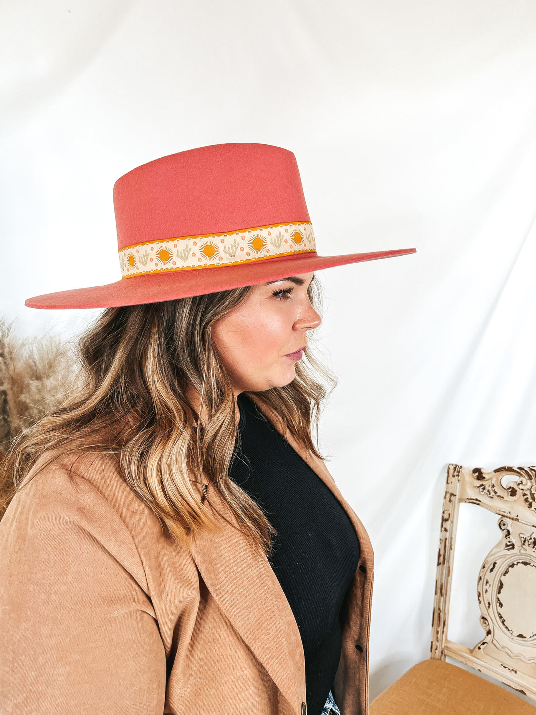 GiGi Pip | Dae Triangle Crown Wool Felt Hat with Cactus and Sun Band in Pink - Giddy Up Glamour Boutique