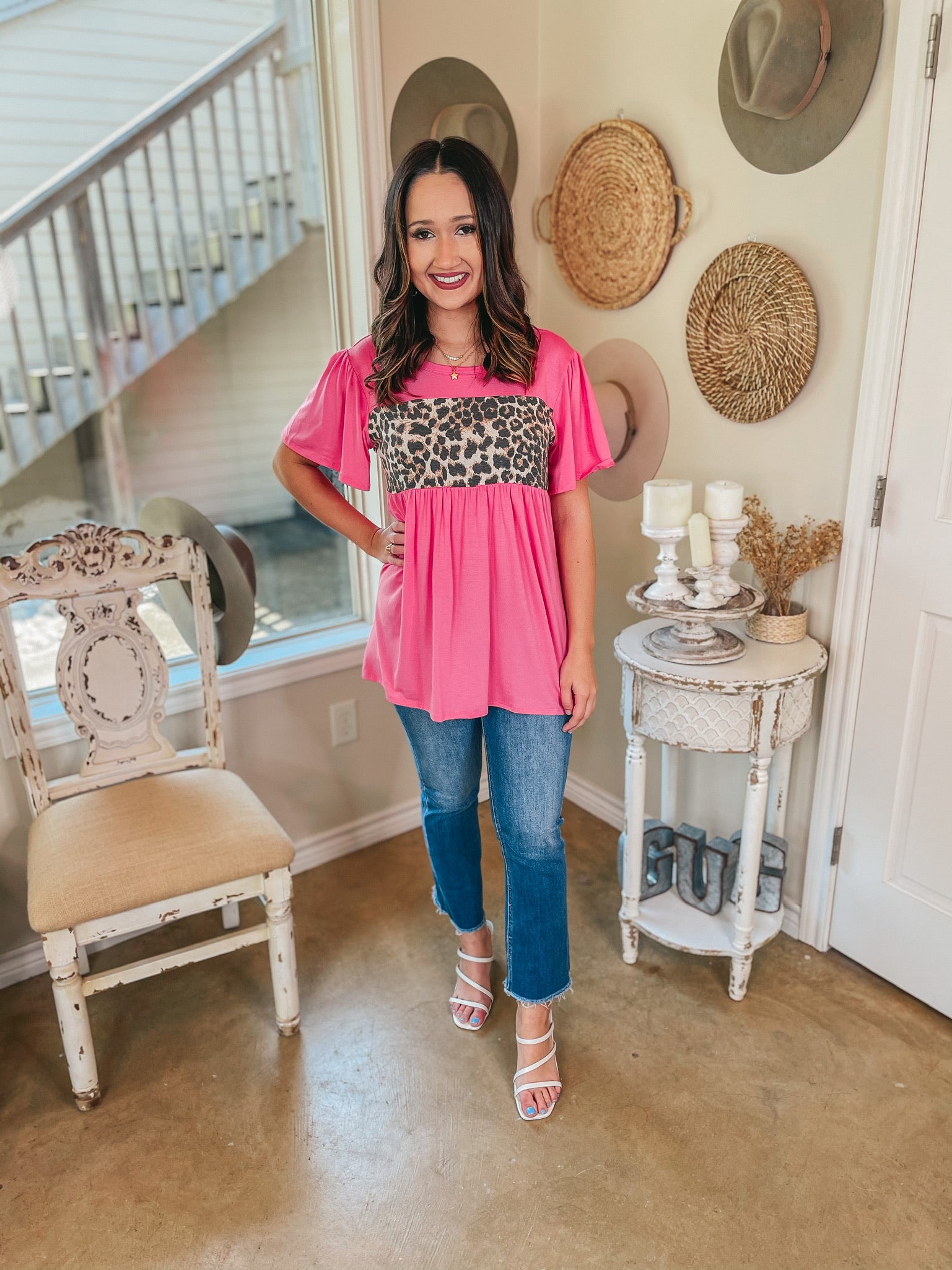 Here With Me Leopard Bust Short Sleeve Babydoll Top in Pink - Giddy Up Glamour Boutique