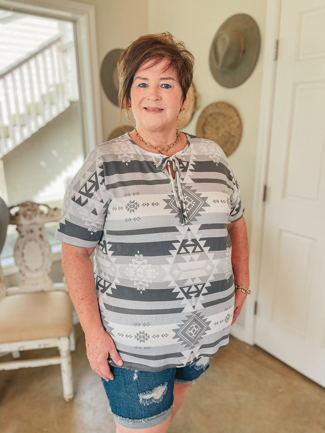 Last Chance Size Small & Medium | Moon in Mesa Front Tie Keyhole Aztec Top in Grey - Giddy Up Glamour Boutique