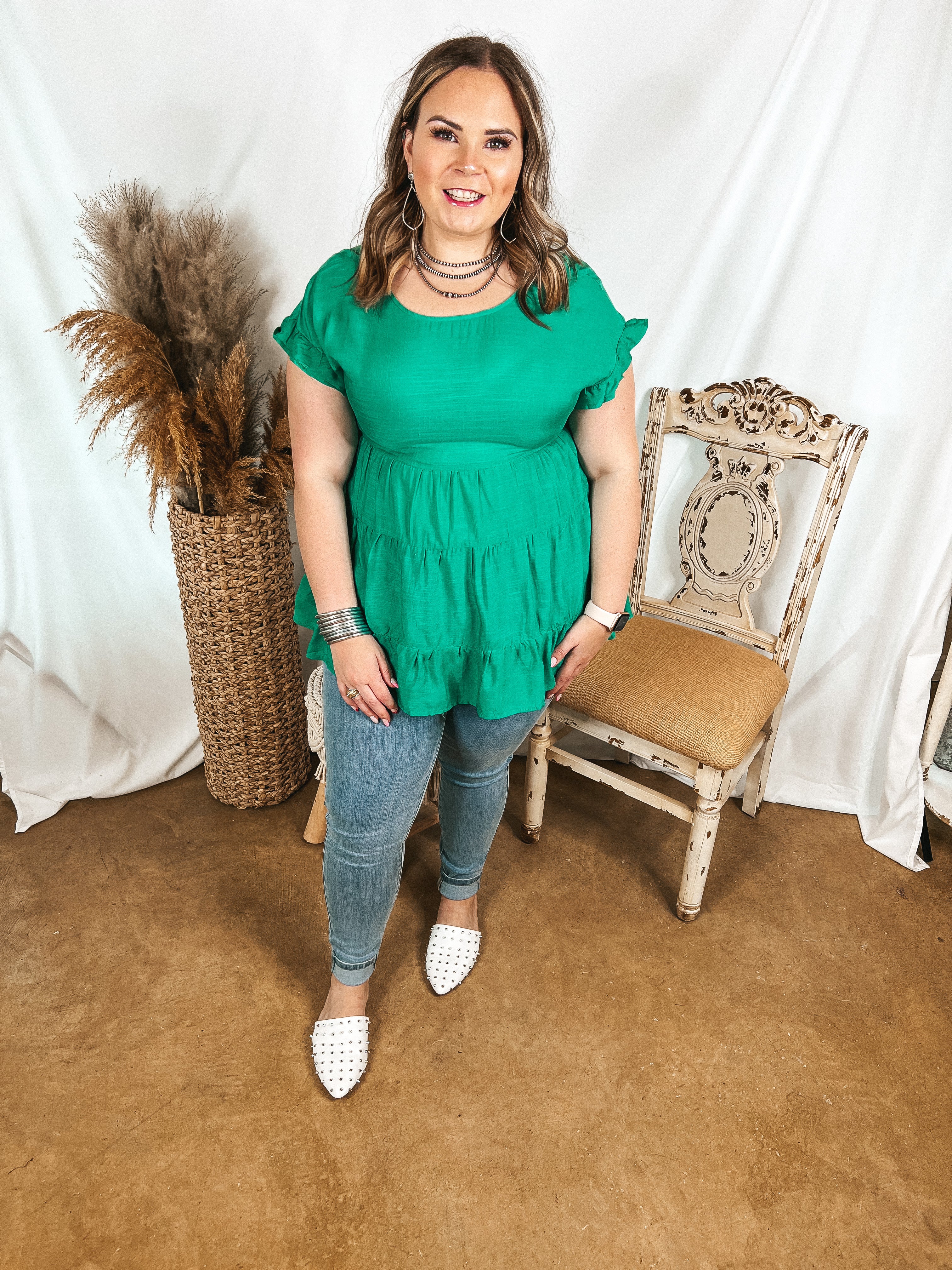 Belong To You Tiered Top with Ruffle Cap Sleeves in Emerald Green - Giddy Up Glamour Boutique