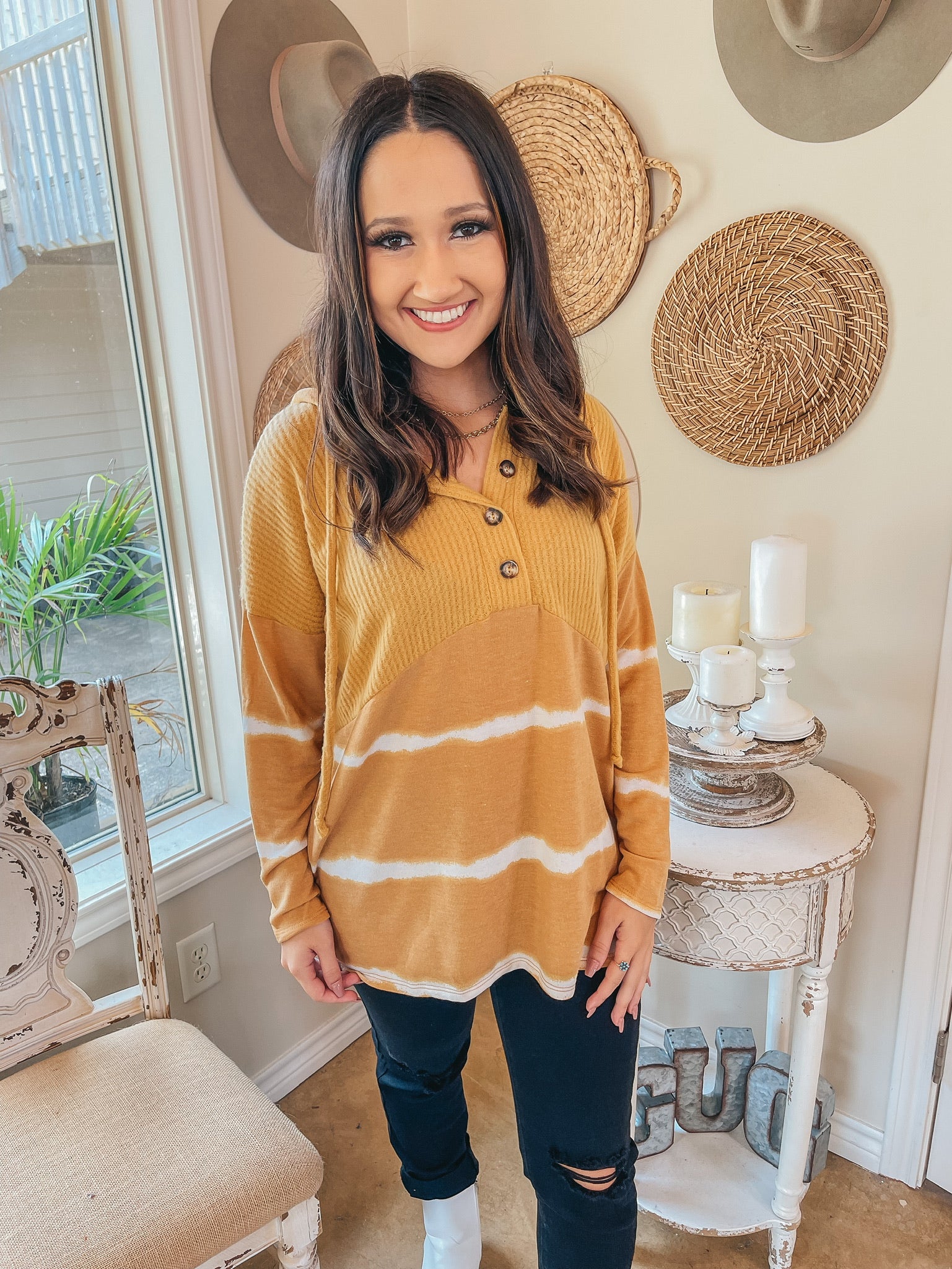 Next Chapter Striped Tie Dye Waffle Knit Hoodie Top in Mustard - Giddy Up Glamour Boutique