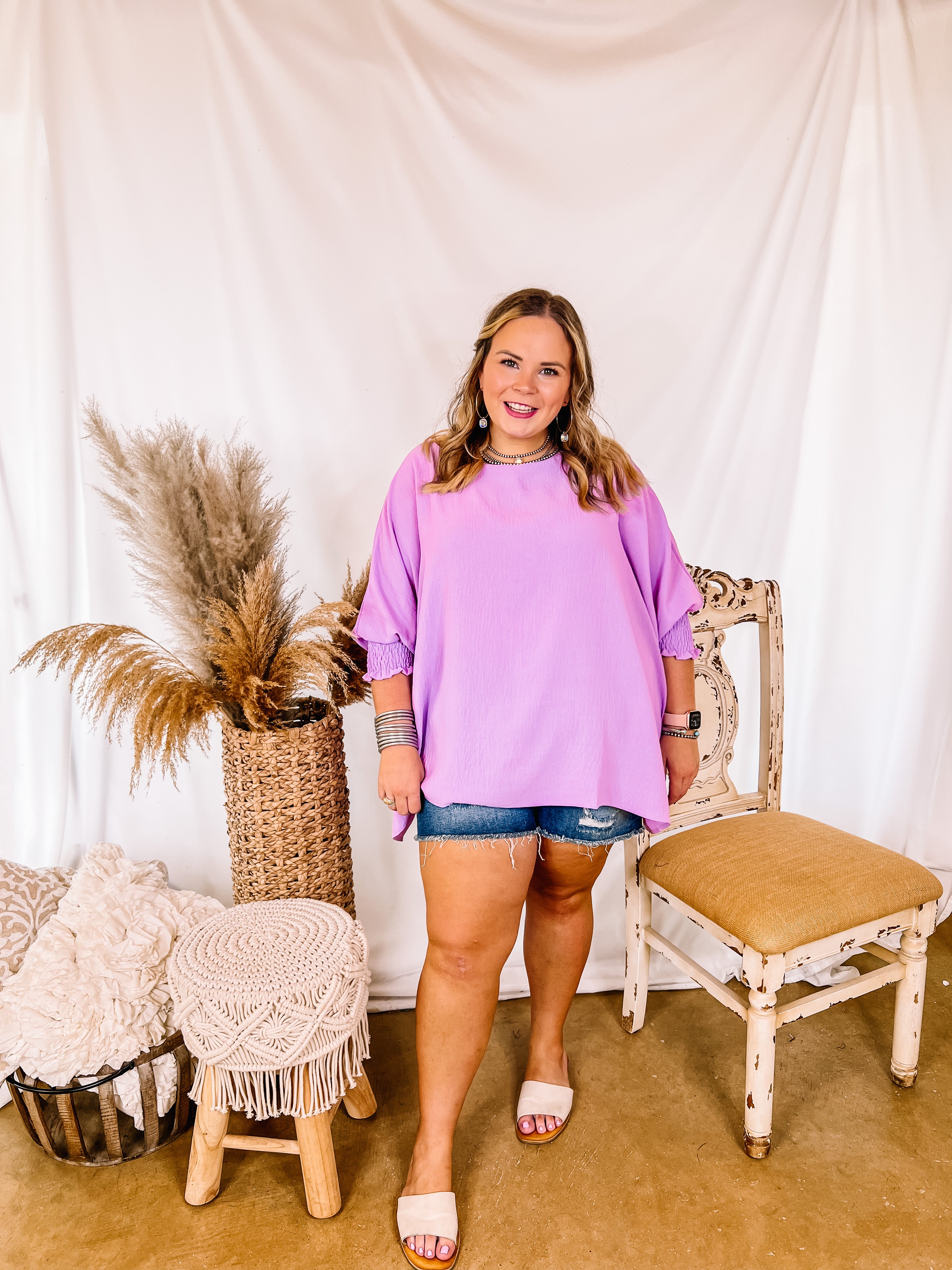 Growing and Glowing Smocked 3/4 Sleeve Oversized Blouse in Lavender - Giddy Up Glamour Boutique