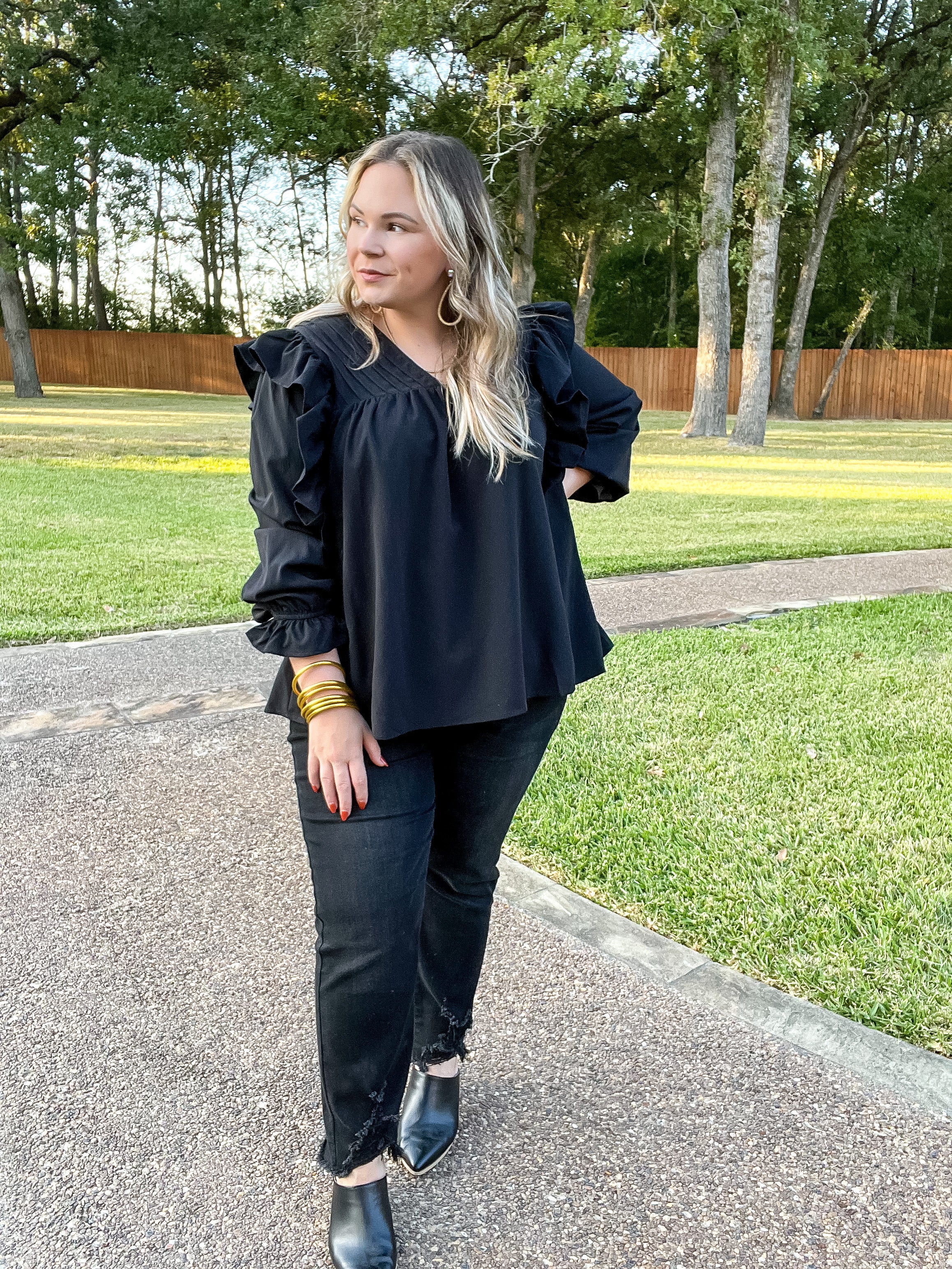 Coffee Perks Ruffle Detail Long Sleeve Top in Black - Giddy Up Glamour Boutique