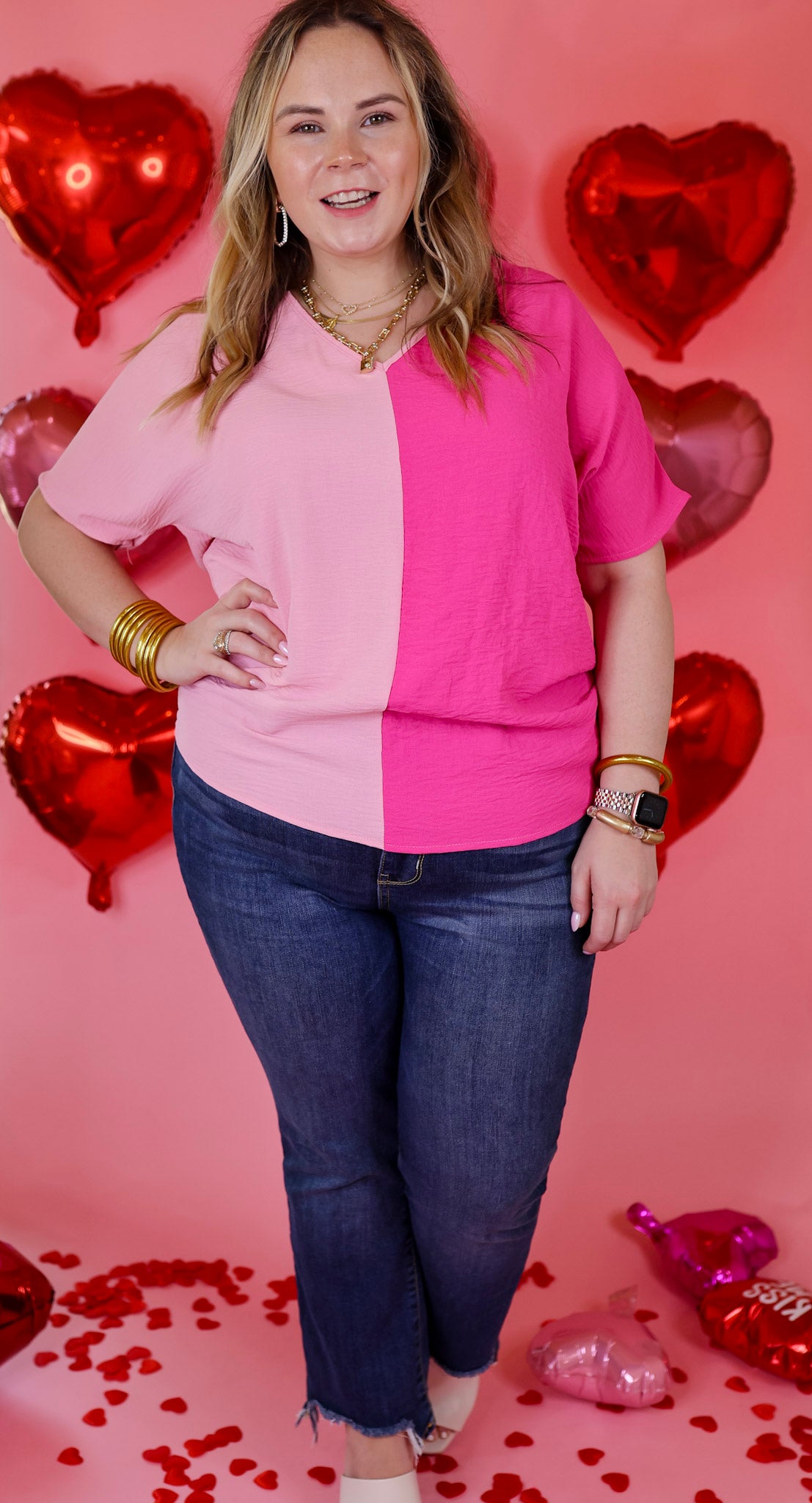 Lovely Dear V Neck Short Sleeve Color Block Top in Fuchsia and Light Pink - Giddy Up Glamour Boutique
