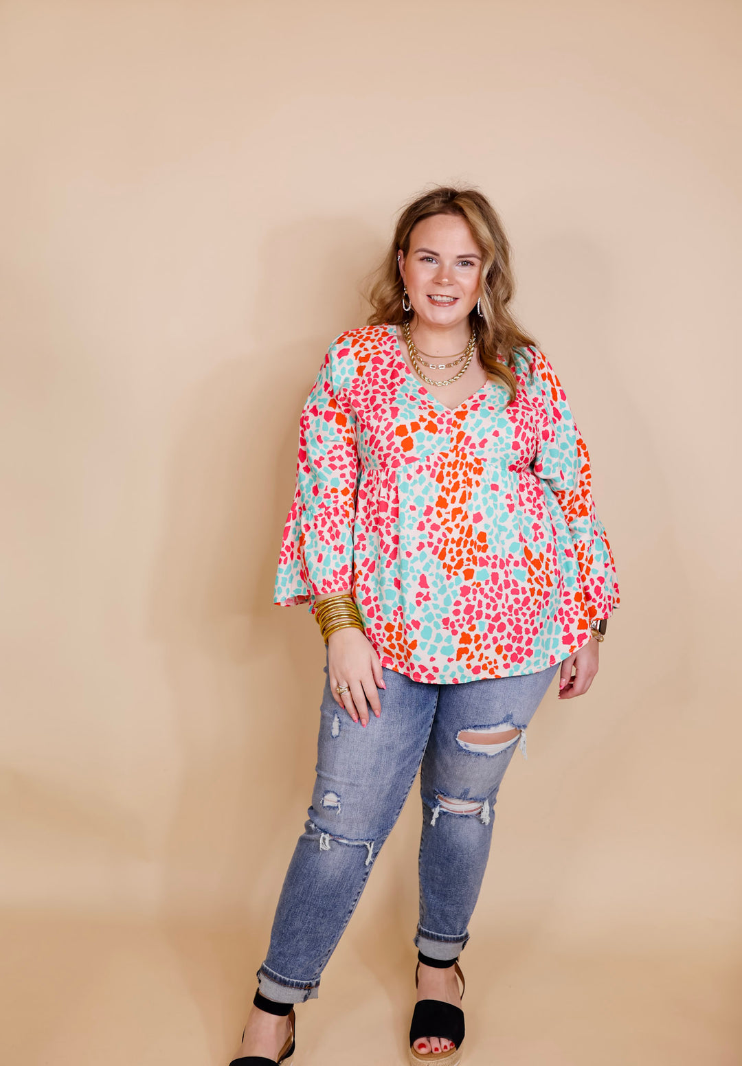 Feeling Ideal Multi Color Dotted Babydoll Top with Ruffle 3/4 Sleeves in Ivory - Giddy Up Glamour Boutique